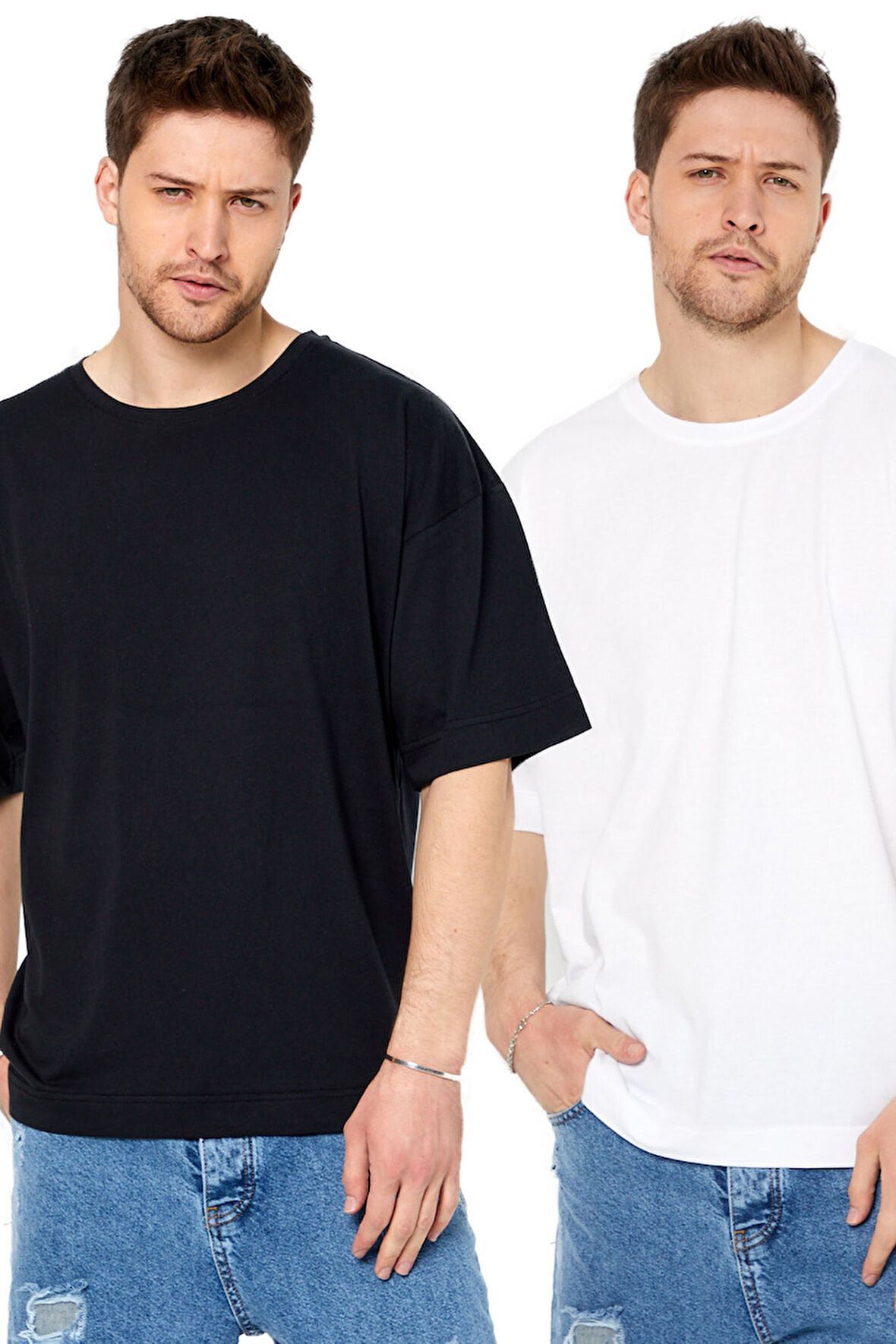 Erkek Çok Renkli 2'li Basic Oversize Bisiklet Yaka Kısa Kollu T-shirt