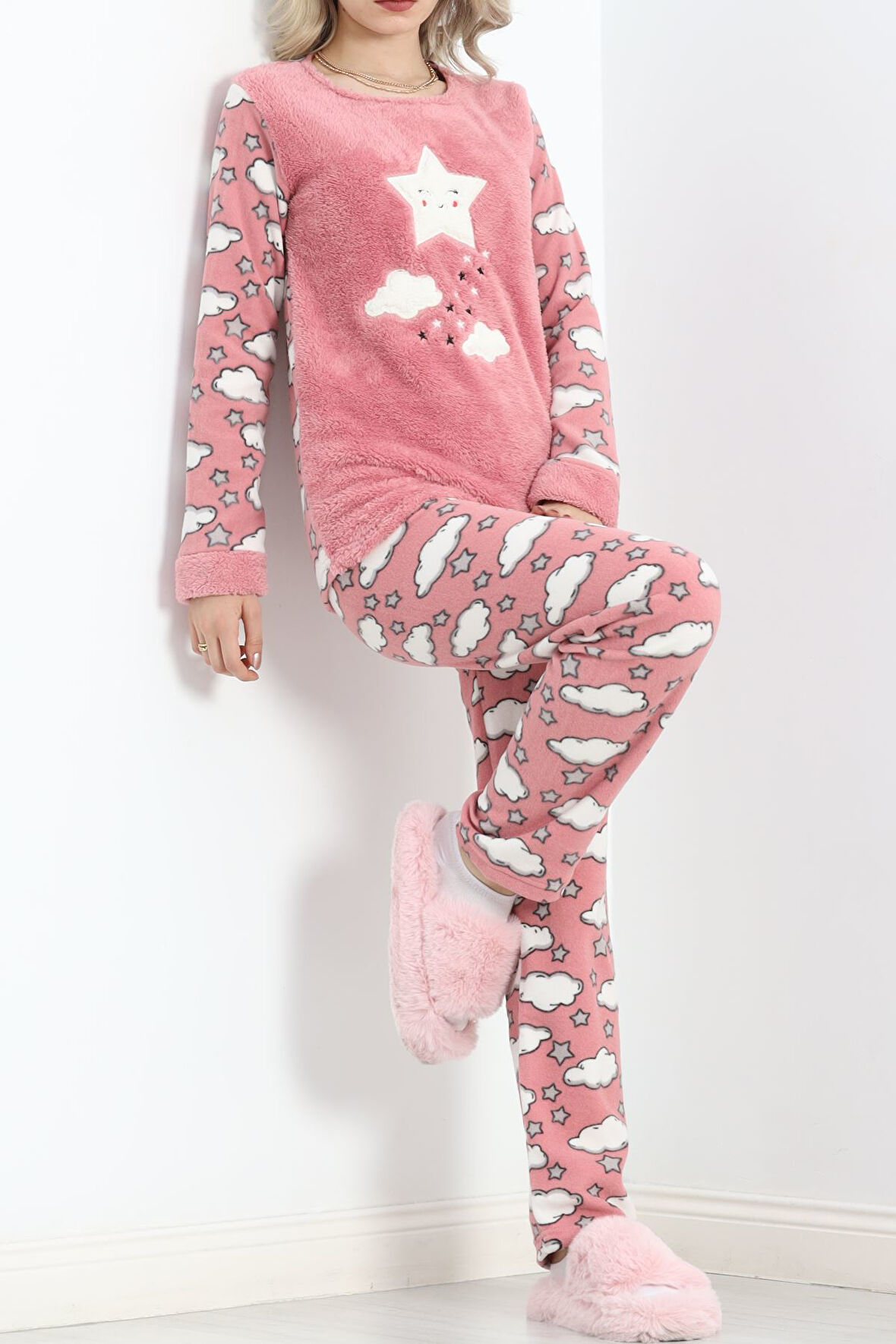 Tozlu Yaka Polar Pijama Takımı Pembe - 19200.1048.