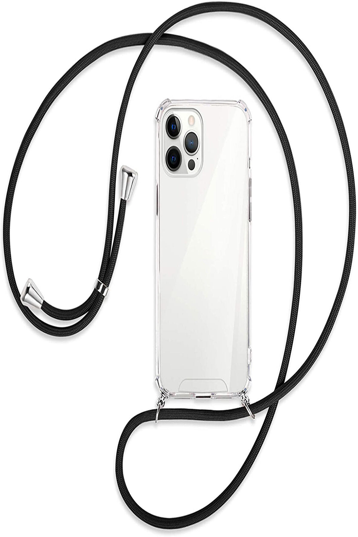 Apple iPhone 12 PRO MAX (6.7 inç) Şeffaf Boyun - Omuz Askılı Köşe Korumalı İpli Silikon Kılıf