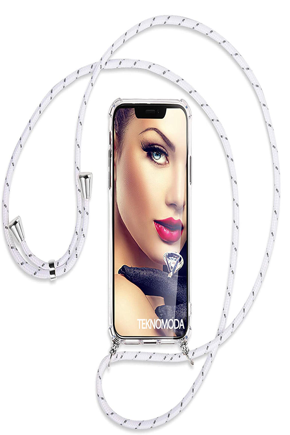 Apple iPHONE  13 PRO MAX Kılıf Boyun - Omuz Askılı Köşe Korumalı BEYAZ İpli Şeffaf Silikon