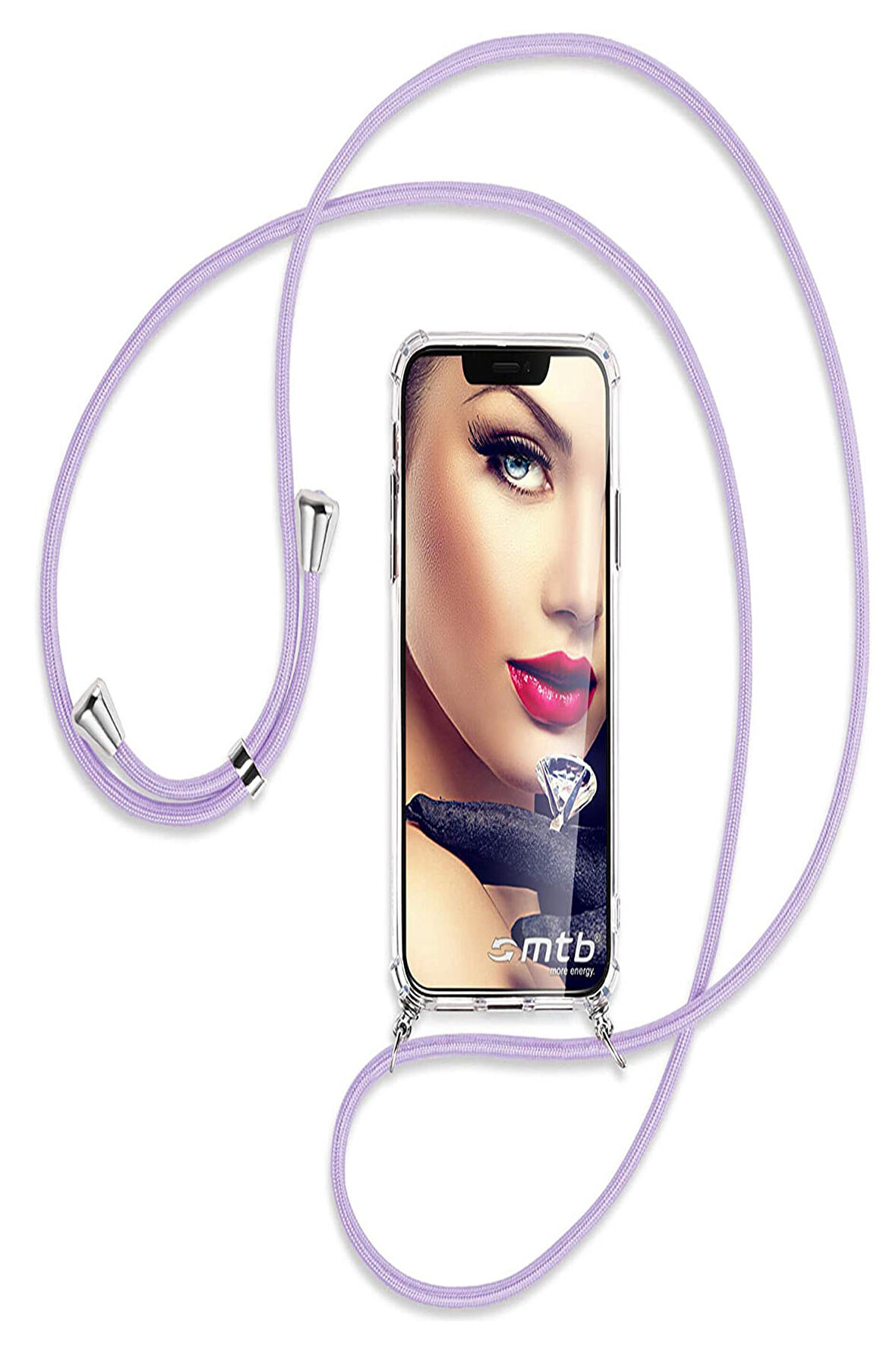 Realme 5i Kılıf Boyun - Omuz Askılı Köşe Korumalı LİLA İpli Şeffaf Silikon