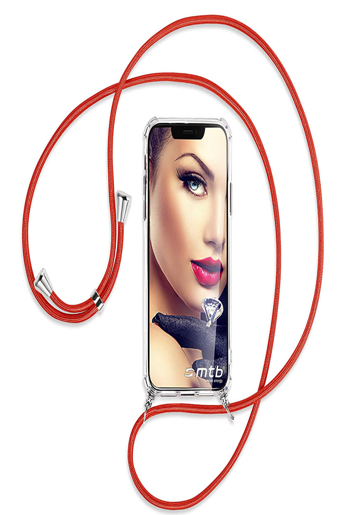 Oppo A15 Kılıf Boyun - Omuz Askılı Köşe Korumalı KIRMIZI İpli Şeffaf Silikon