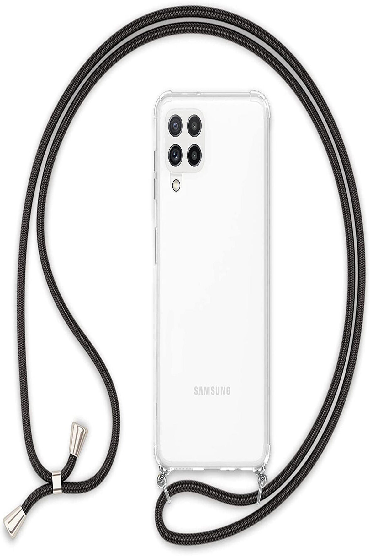 Samsung Galaxy M32 Kılıf Boyun - Omuz Askılı Köşe Korumalı SİYAH İpli Şeffaf Silikon