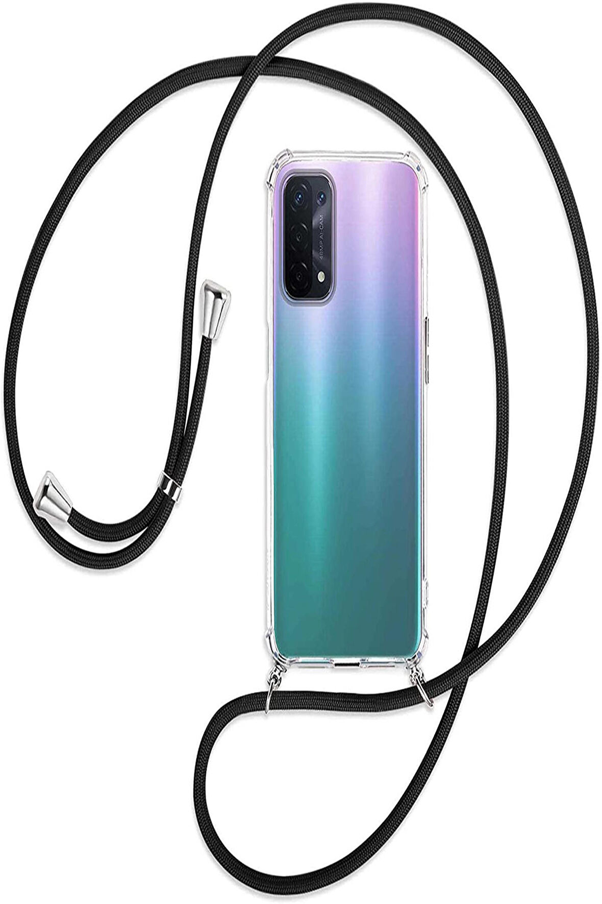 OPPO A54 Kılıf Boyun - Omuz Askılı Köşe Korumalı SİYAH İpli Şeffaf Silikon