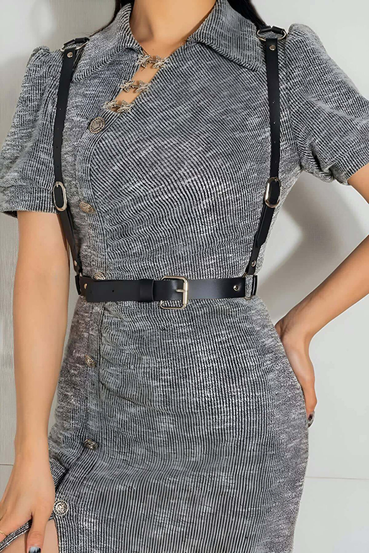  Deri Arkası Üçgen Detaylı Giysi Üzeri Bel Kemeri Harness - Brf1181