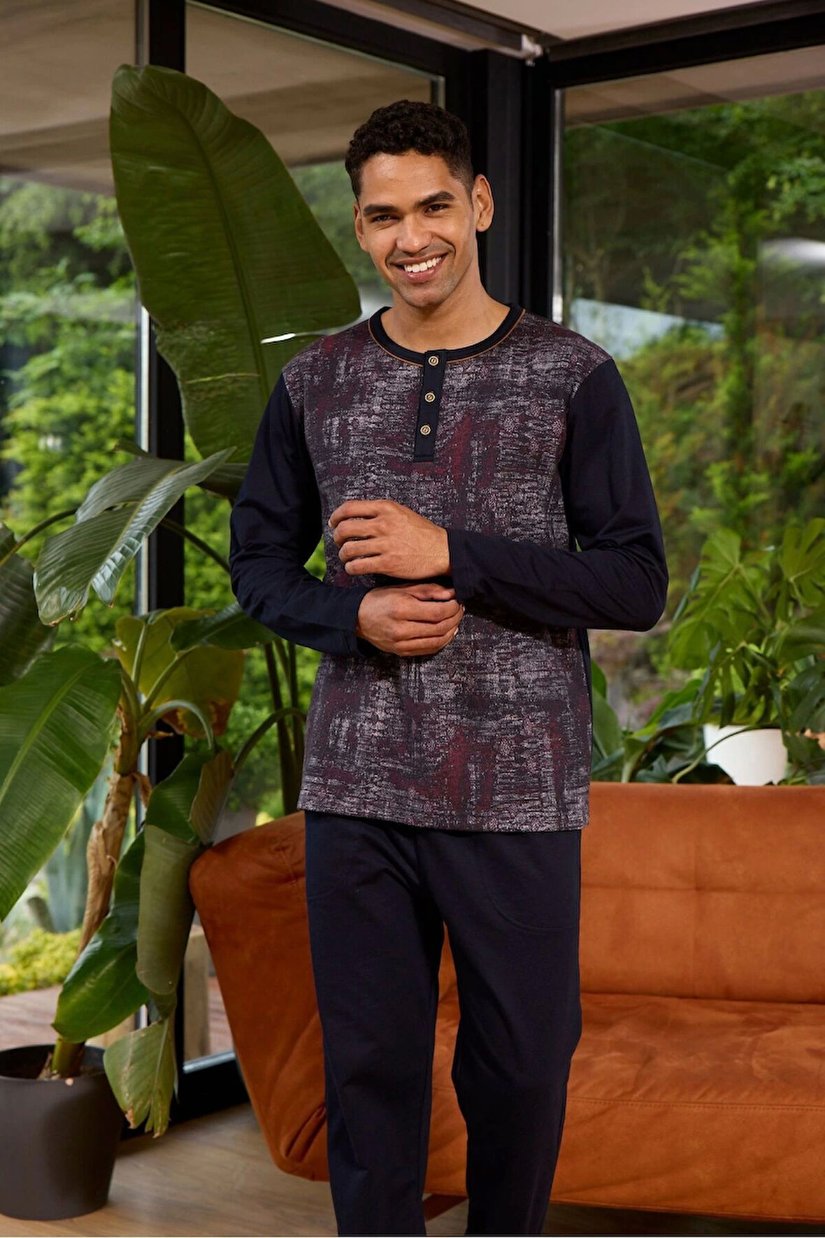 Azze Kocabey 8053 Erkek Midi Yaka Uzun Kollu Pijama Takımı