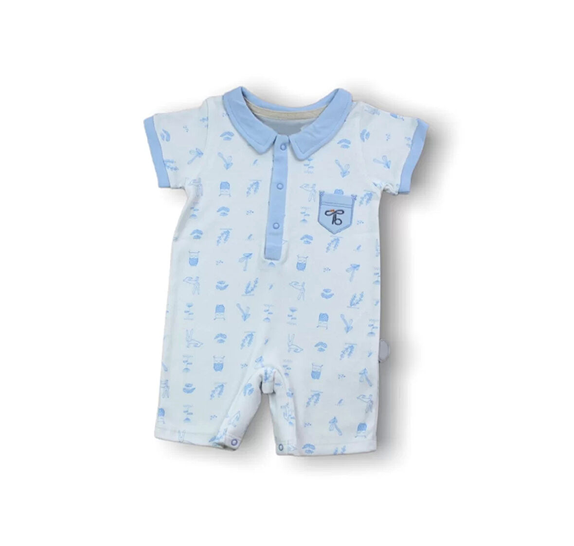 6-9 9-12 12-18 Ay Galaksi Baskılı Çıtçıtlı Kısa Kollu Erkek Bebek Tulumu Mavi