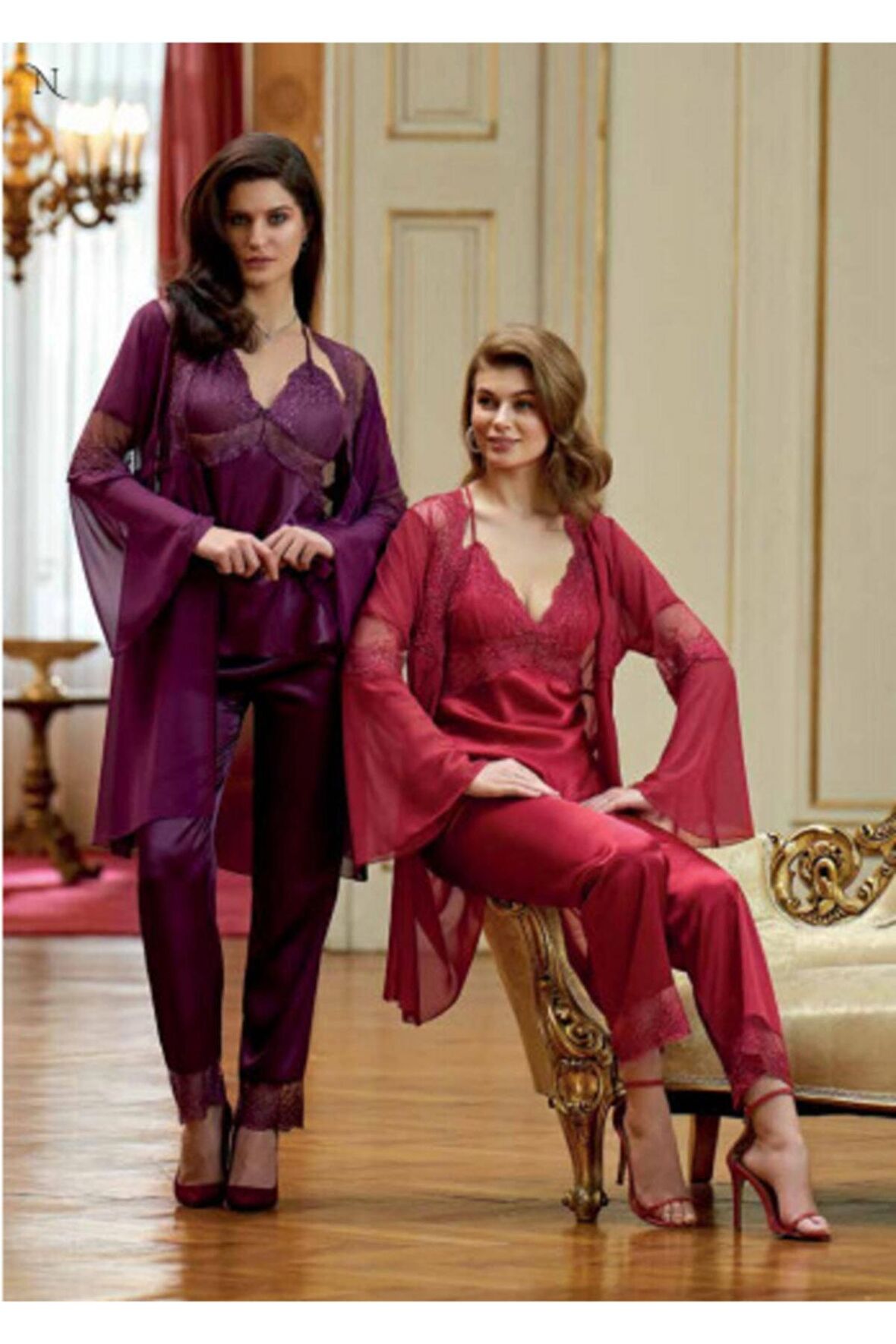 Kadın Bordo Saten 3'lü Pijama Takım