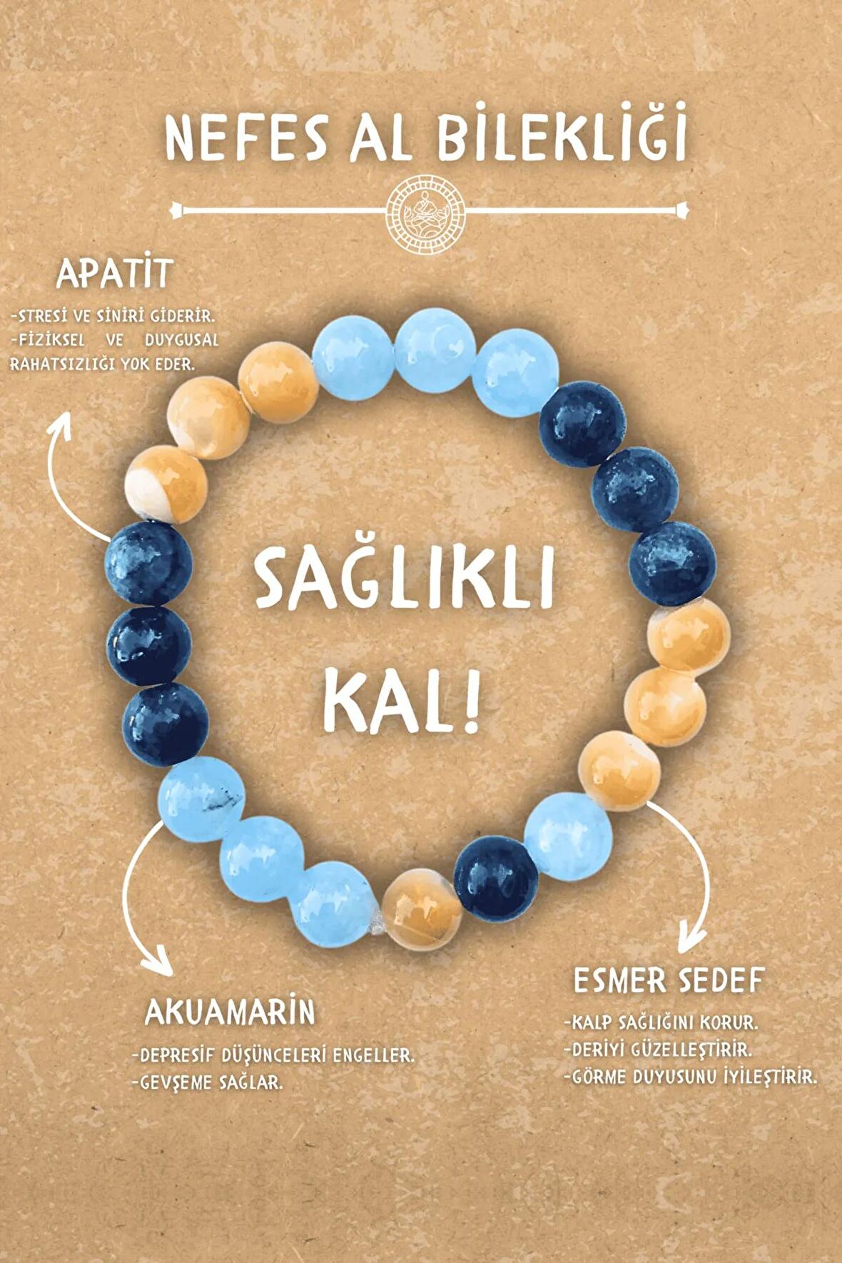 Nefes Al Doğal Taş Tılsım Bilekliği Düz 8mm (Akuamarin, Esmer Sedef, Apatit Taşı) Chi-Zen Bileklik