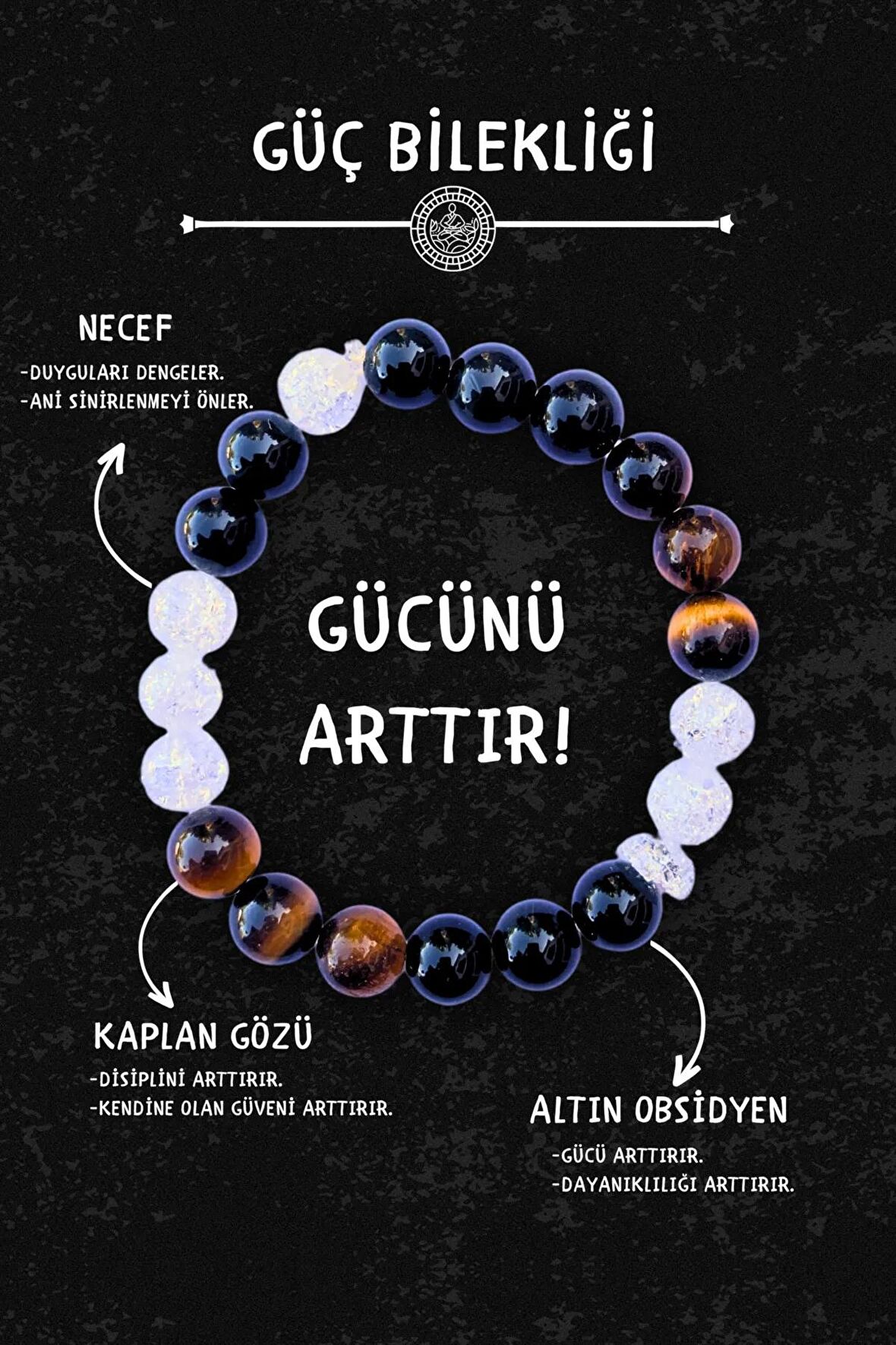 Güç Doğal Erkek Tılsım Bilekliği Düz 8mm (Altın Obsidyen, Kaplan Gözü, Necef Taşı) Chi-Zen Bileklik