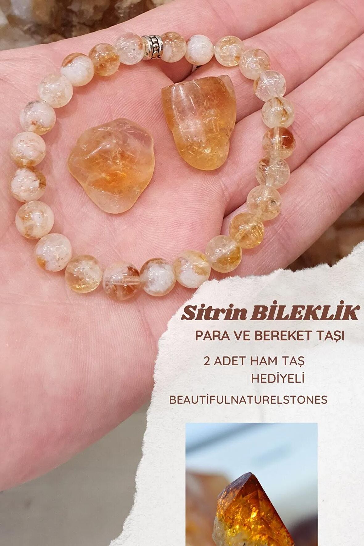 Sitrin ( Para Ve Bereket) Doğal Taş Bileklik ( 2 Adet Sitrin Taş Hediyeli )