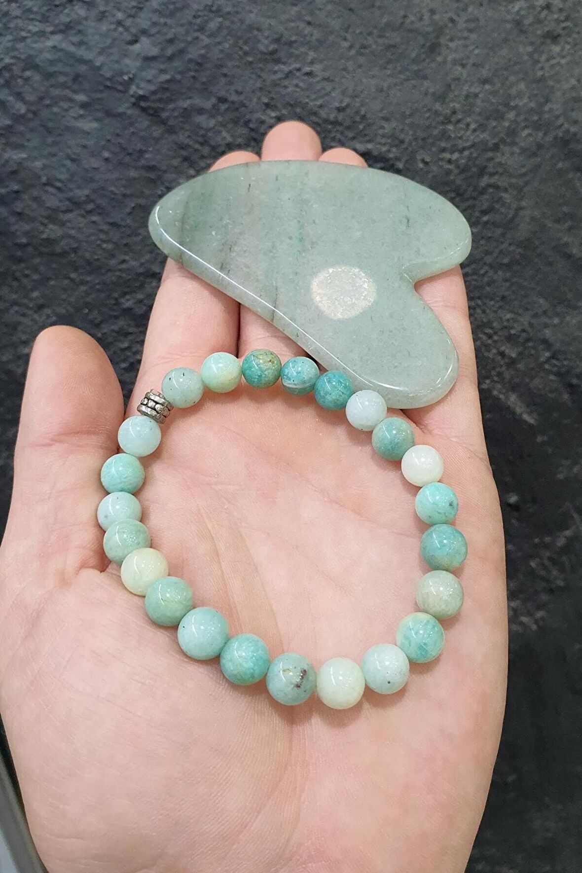 Amazonit Doğaltaş Bileklik ( Aventurin Gua Sha Hediyeli ) 8 Mm