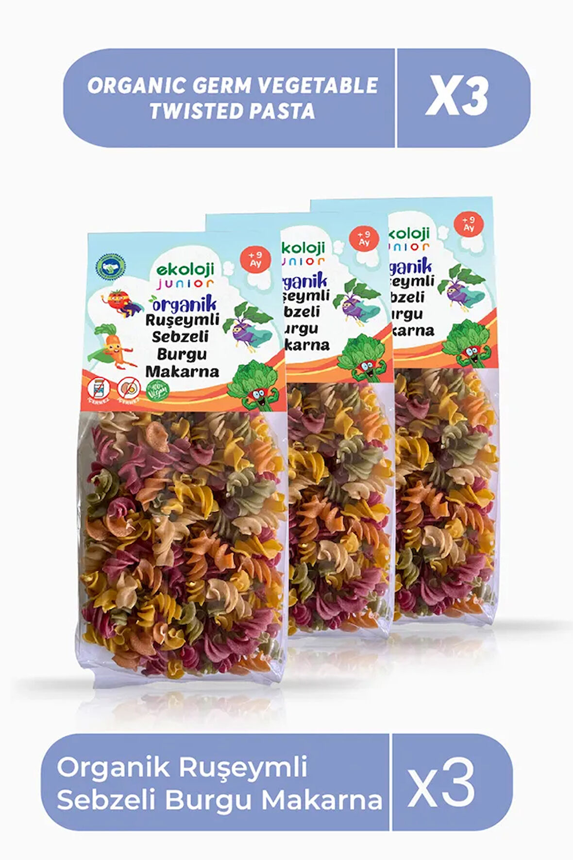 Organik Ruşeymli Sebzeli Burgu Makarna 250 gr3Paket Organic Wheat Vegetable Twisted Pasta 250gr3pack