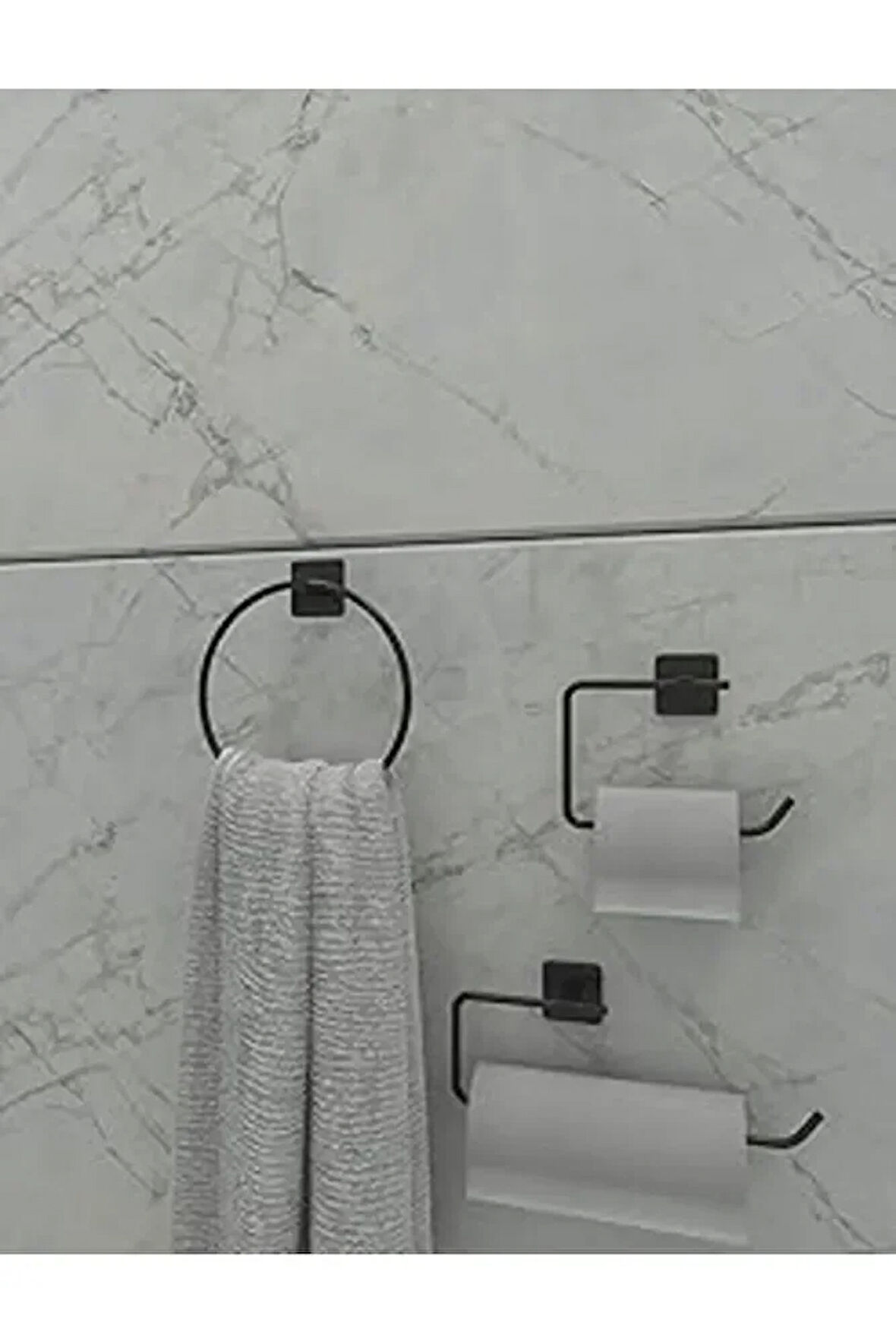 Yapışkanlı Banyo Seti Siyah Kare Havluluk Kare Tuvalet Kağıtlık Kare Set Banyo Düzenleyici