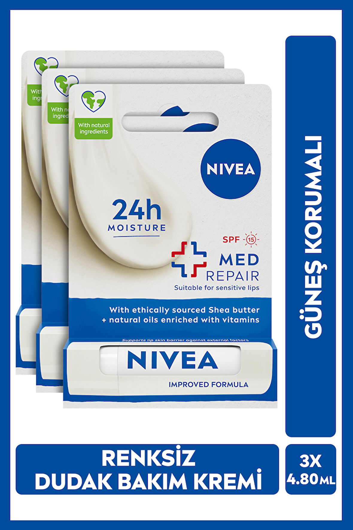 Renksiz Dudak Bakım Kremi Med Repair 4.8gr, 24 Saat Nem, Güneş Koruyucu, SPF15, X3 Adet