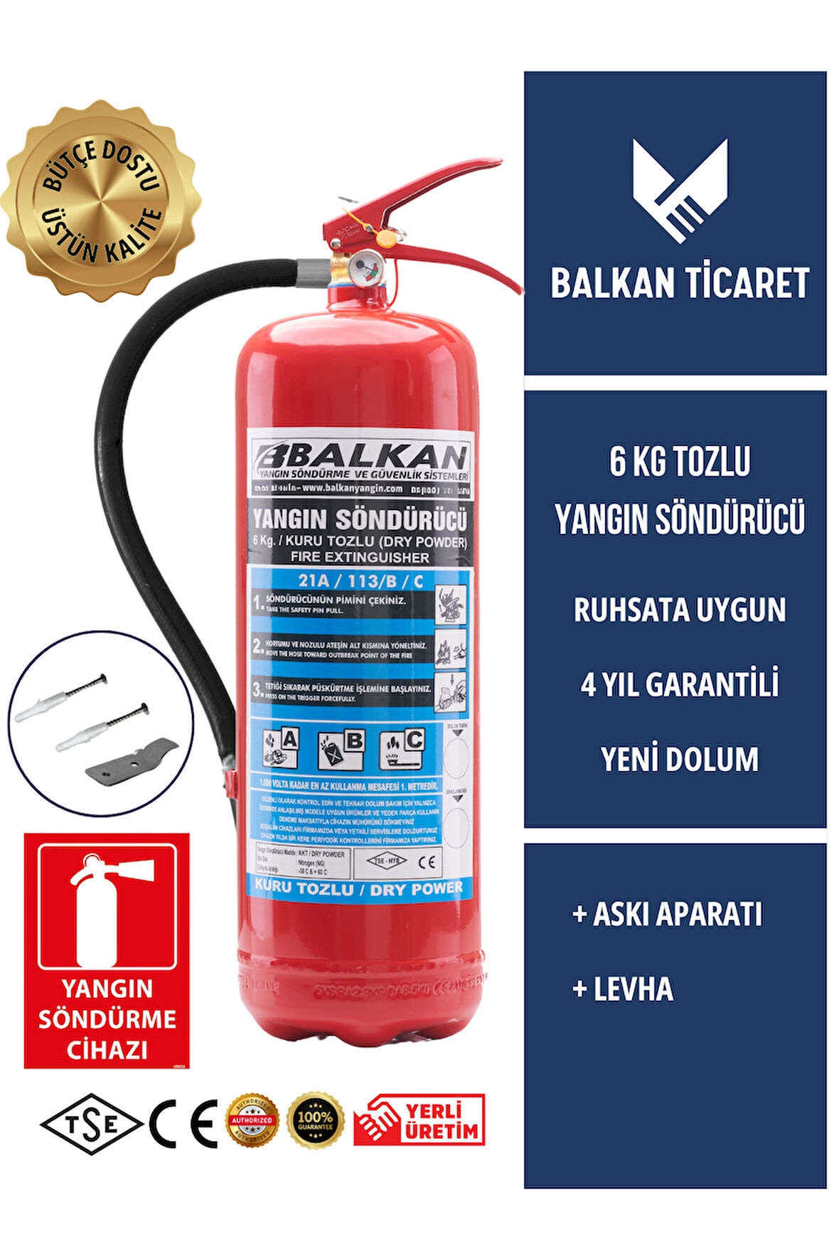 Yangın Söndürme Tüpü 6 Kg Tozlu 4 Yıllık Ruhsata Uygun (Askı Aparatı, Levha)