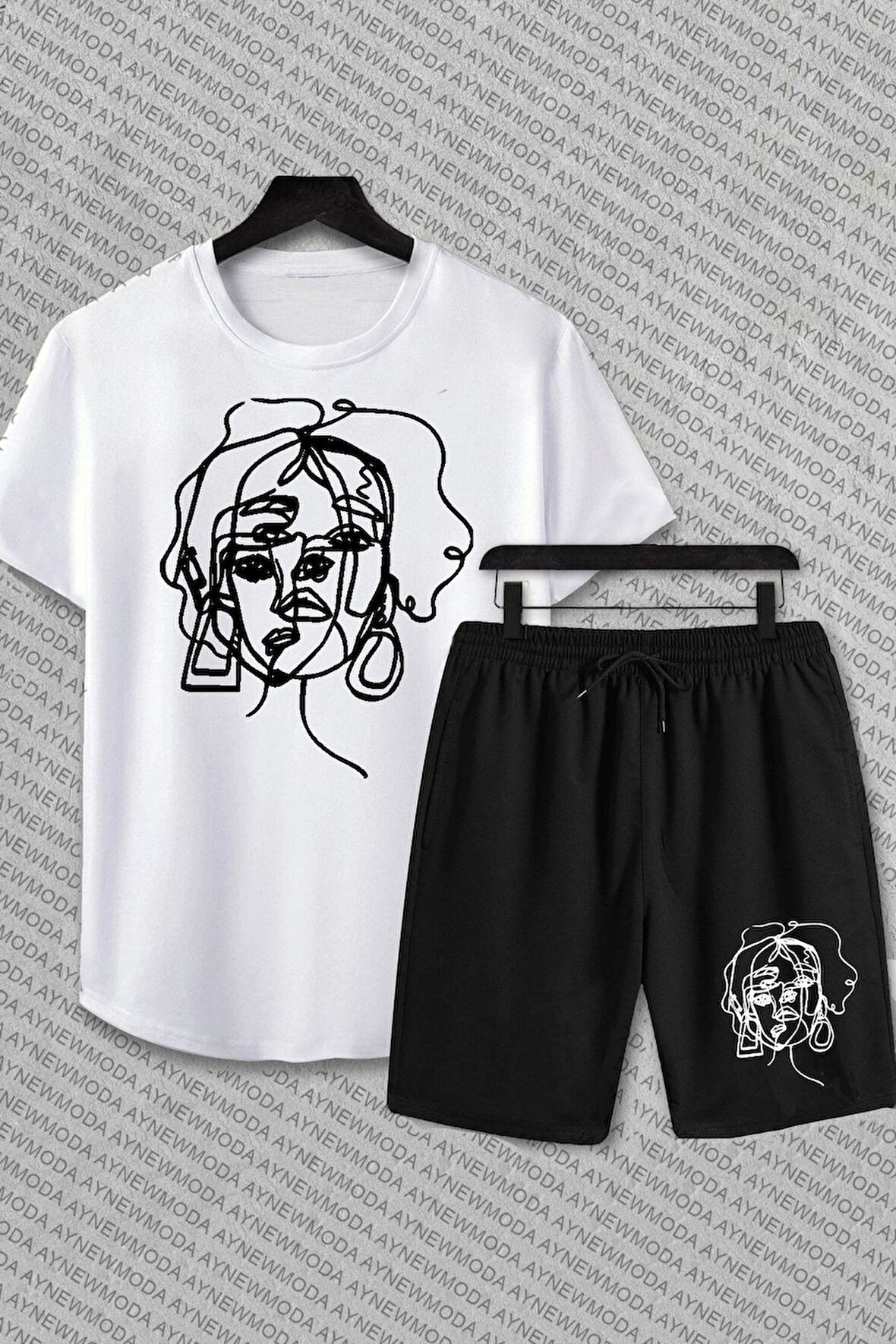 Aesthetic Kadın Çizim Baskılı şort Ve T-shirt Alt Üst Takımı