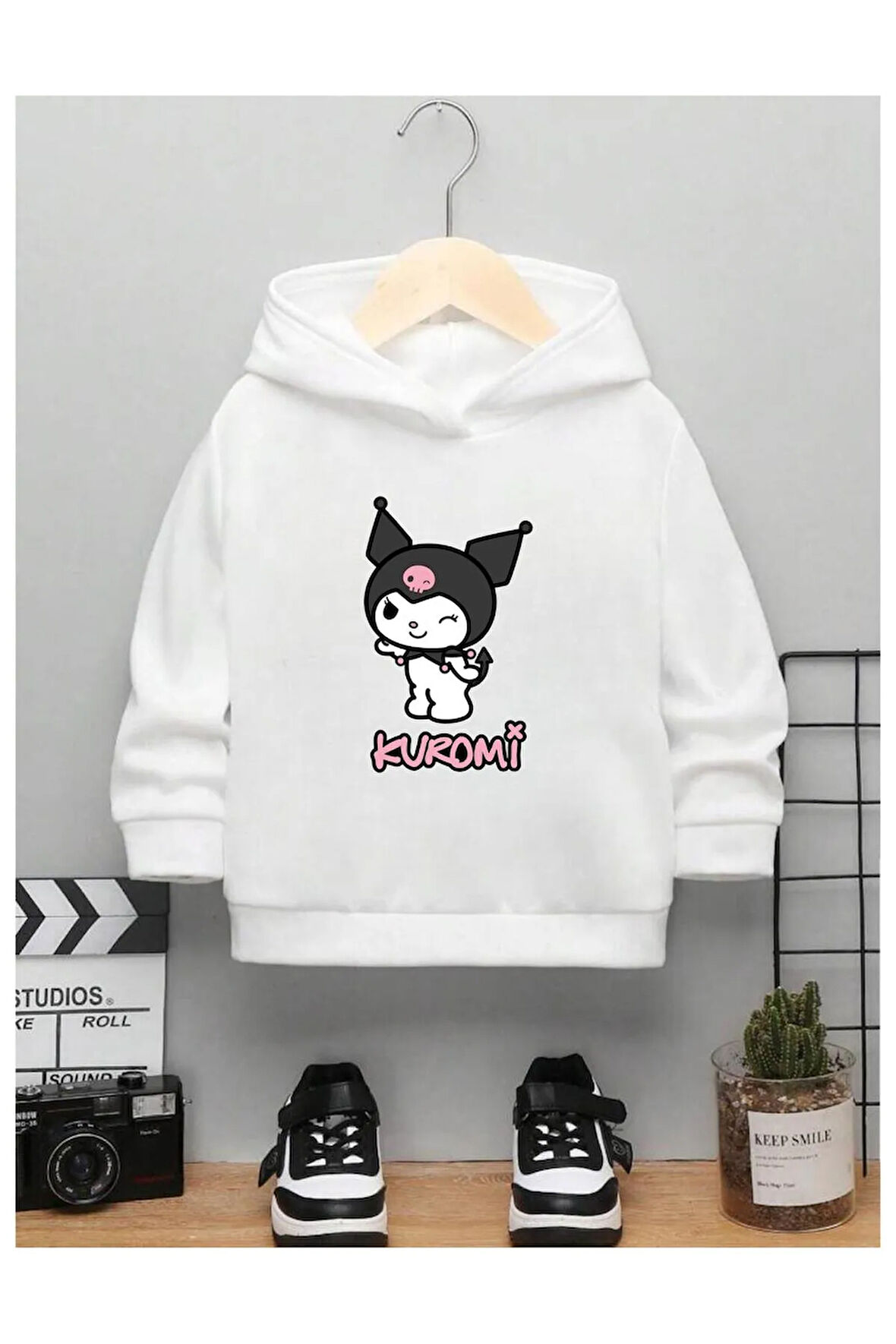 Çocuk Tasarım Kuromi Kalp Baskılı Kapüşonlu Sweatshirt Pamuklu