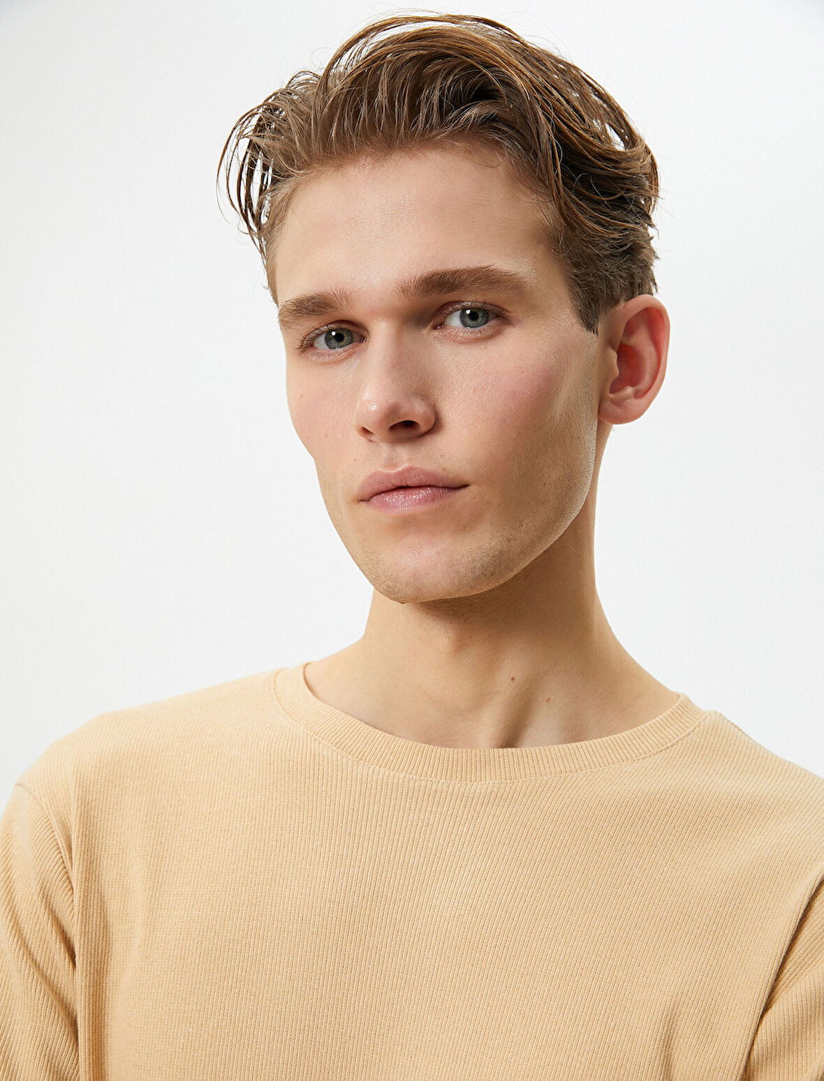 Fitilli Tişört Dokulu Bisiklet Yaka Kısa Kollu Pamuklu