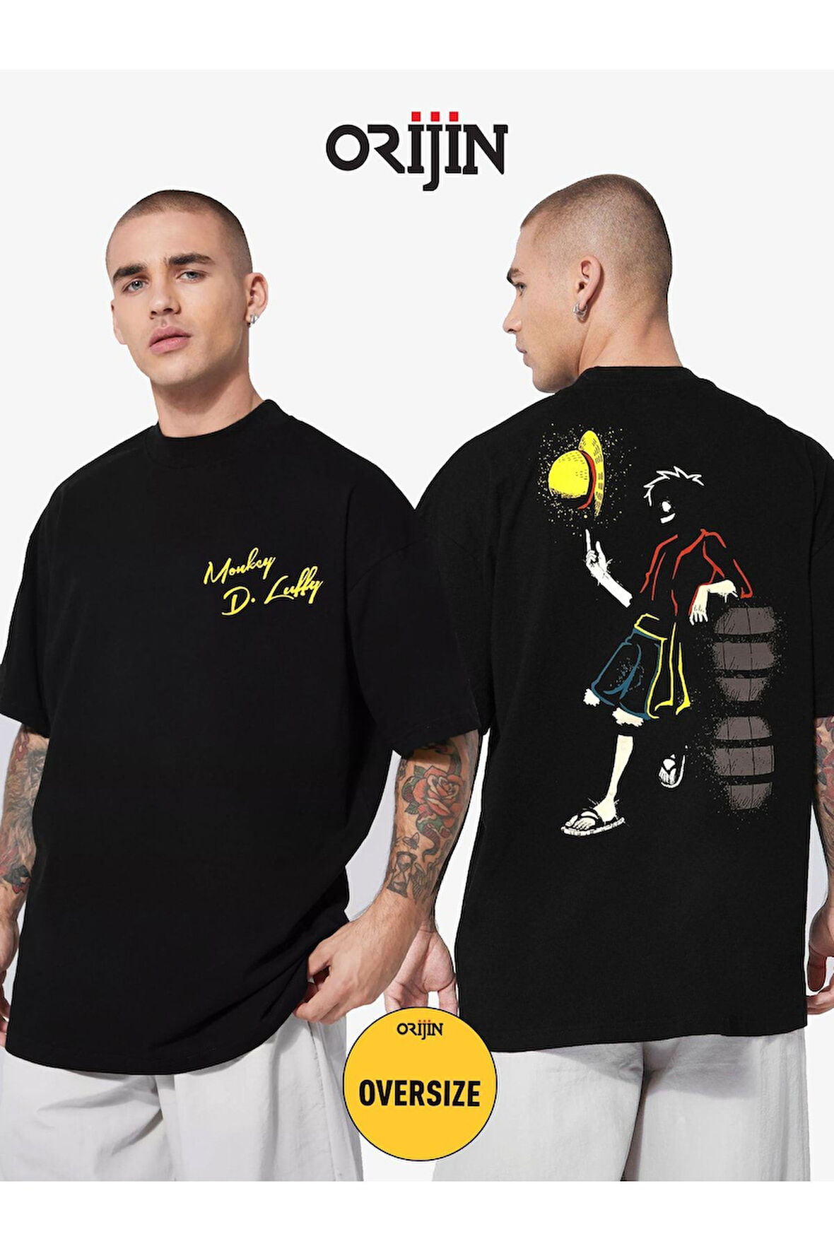 One Piece Luffy Anime Ön Arka Baskılı Unisex Oversize Siyah Tshirt