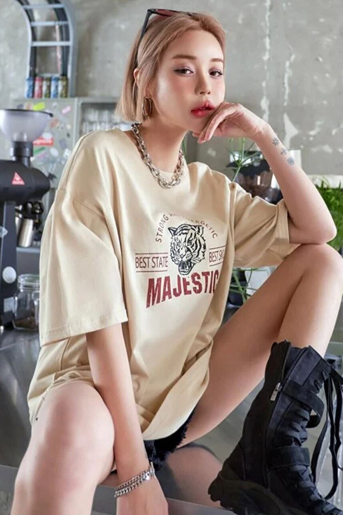 Beyaz ZeroBaskılı Oversize T-shirt