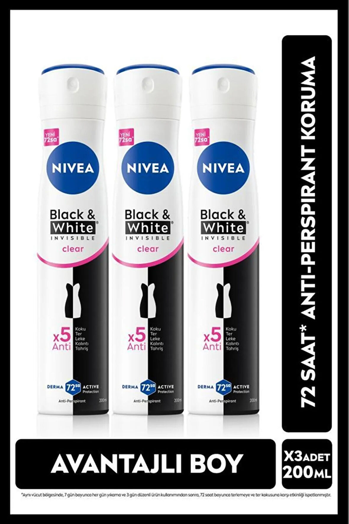 Kadın Sprey Deodorant Black&White Invisible Clear 200ml, 72 Saat Anti-perspirant Ter Koruma, X3Adet
