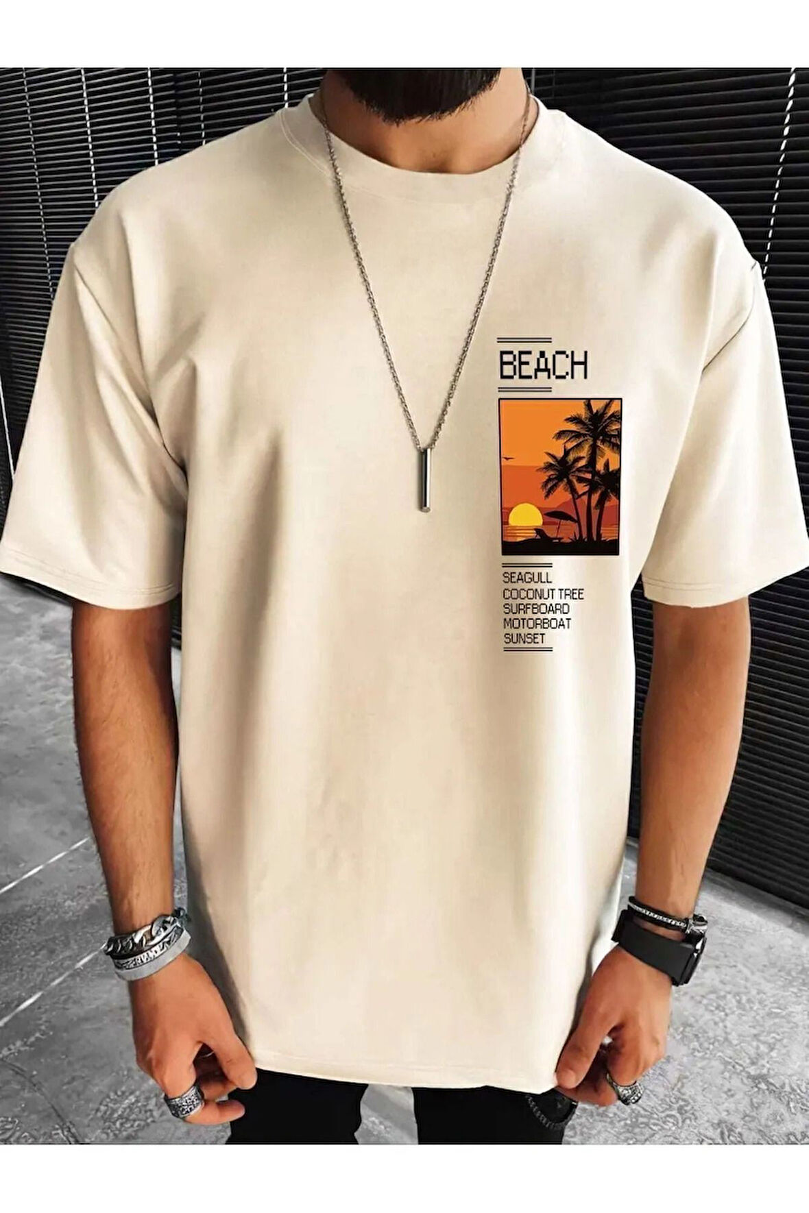 UNİSEX KADIN/ERKEK SUMMER BEACH GÖĞÜS BASKILI OVERSİZE T-SHİRT