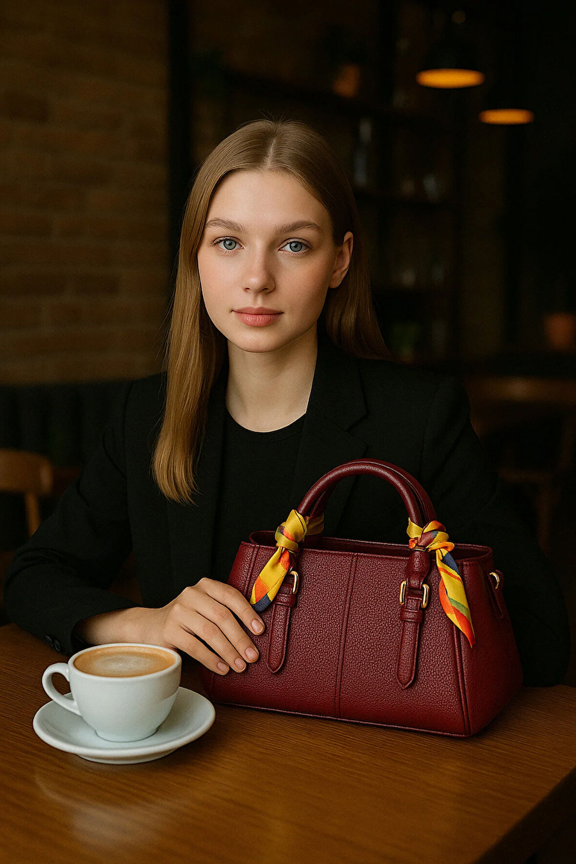 Kadın Şık Deri Görünümlü Fular Detaylı Omuz ve El Çantası