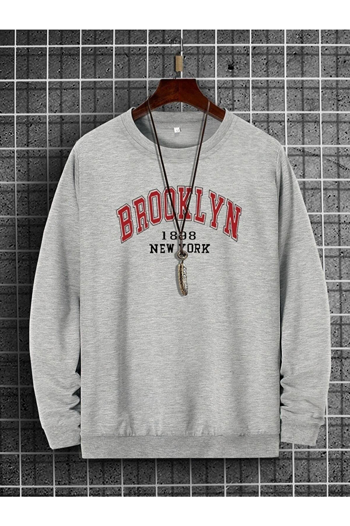 Brooklyn Baskılı Gri Unisex Kapüşonsuz Uzun Kol Sweatshirt