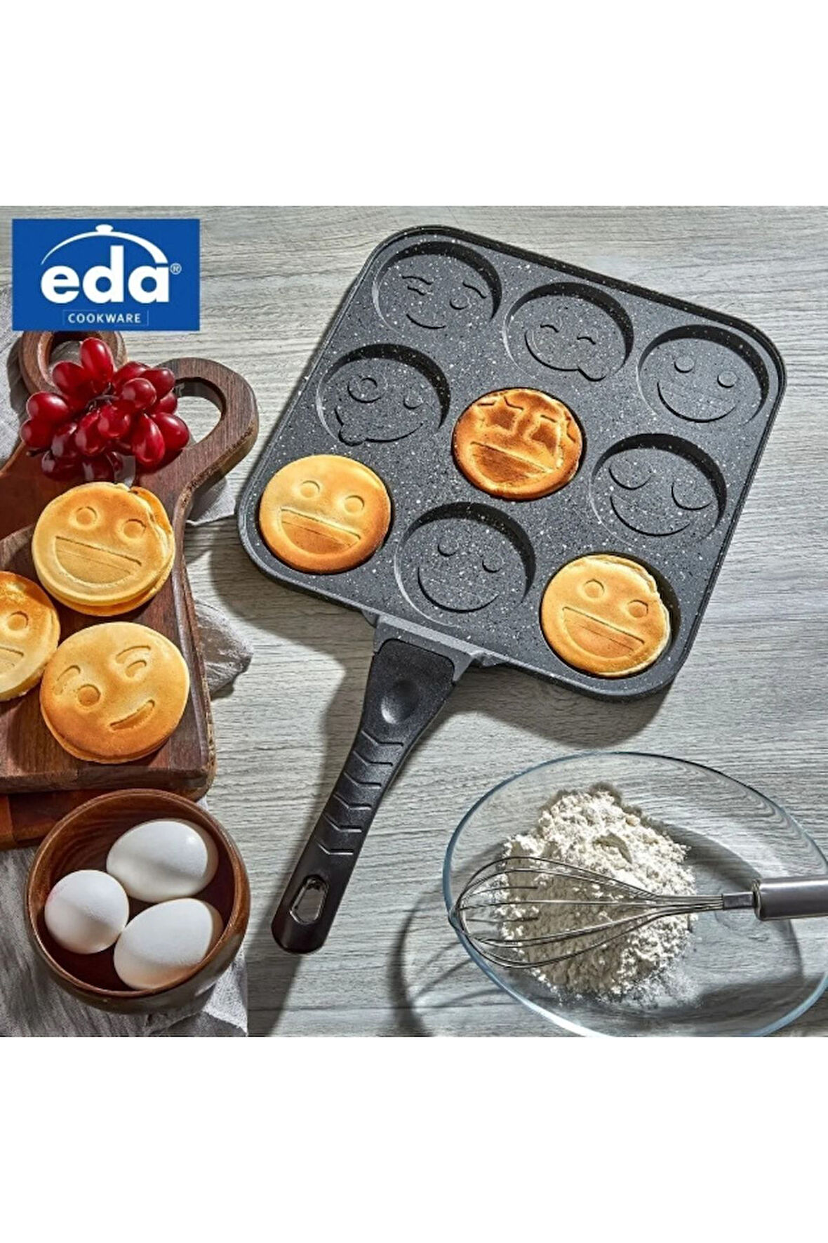 Eda granit kare pankek tava 28 cm gülen yüz emojili pankek tavası