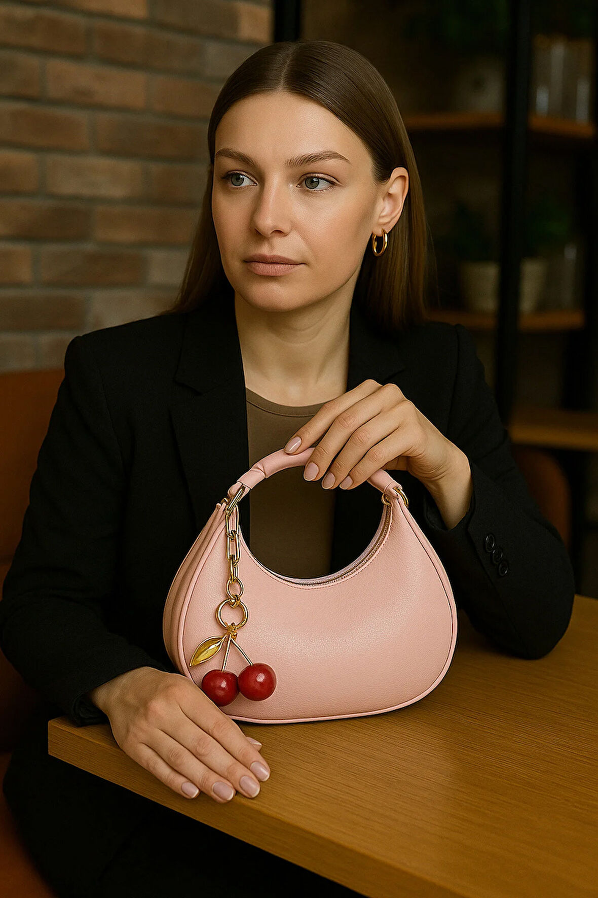 Kiraz Charm Detaylı Omuz Çantası Mini Şık Model