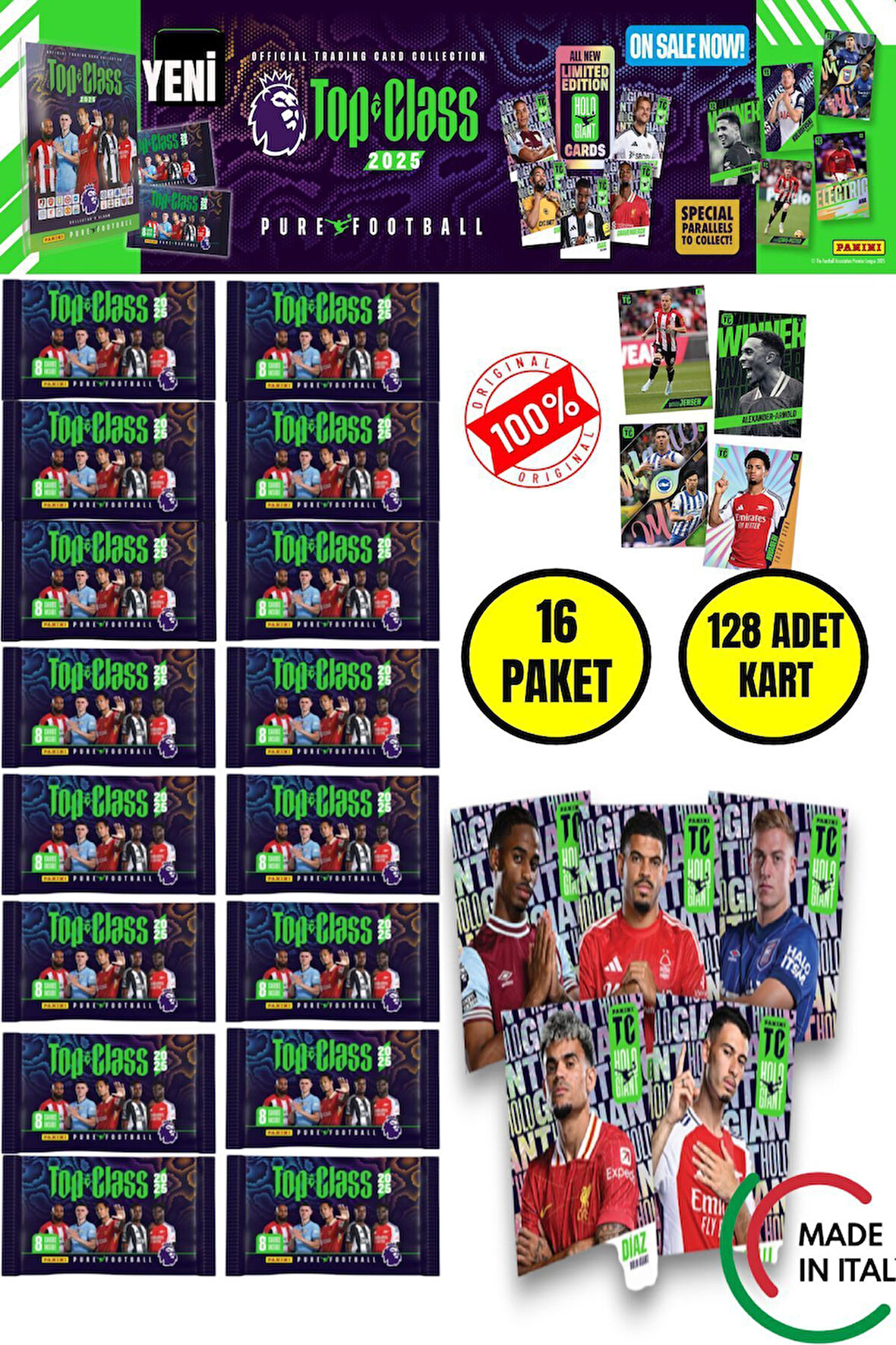 Panini Top Class 2025 Premier League Koleksiyon Futbolcu Kartları  (16 Paket & 128 Adet Kart )