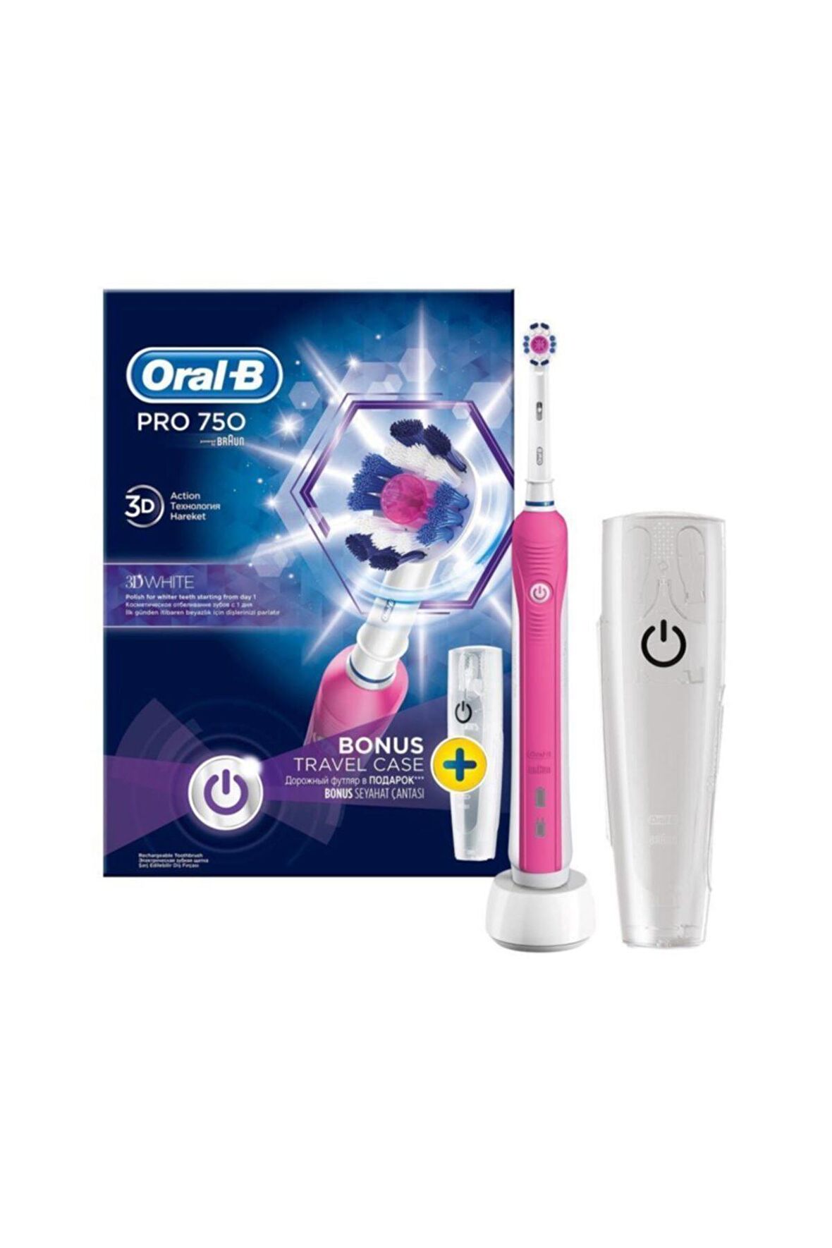 Pro 750 3d White Pembe Şarj Edilebilir Diş Fırçası + Seyahat Kabı