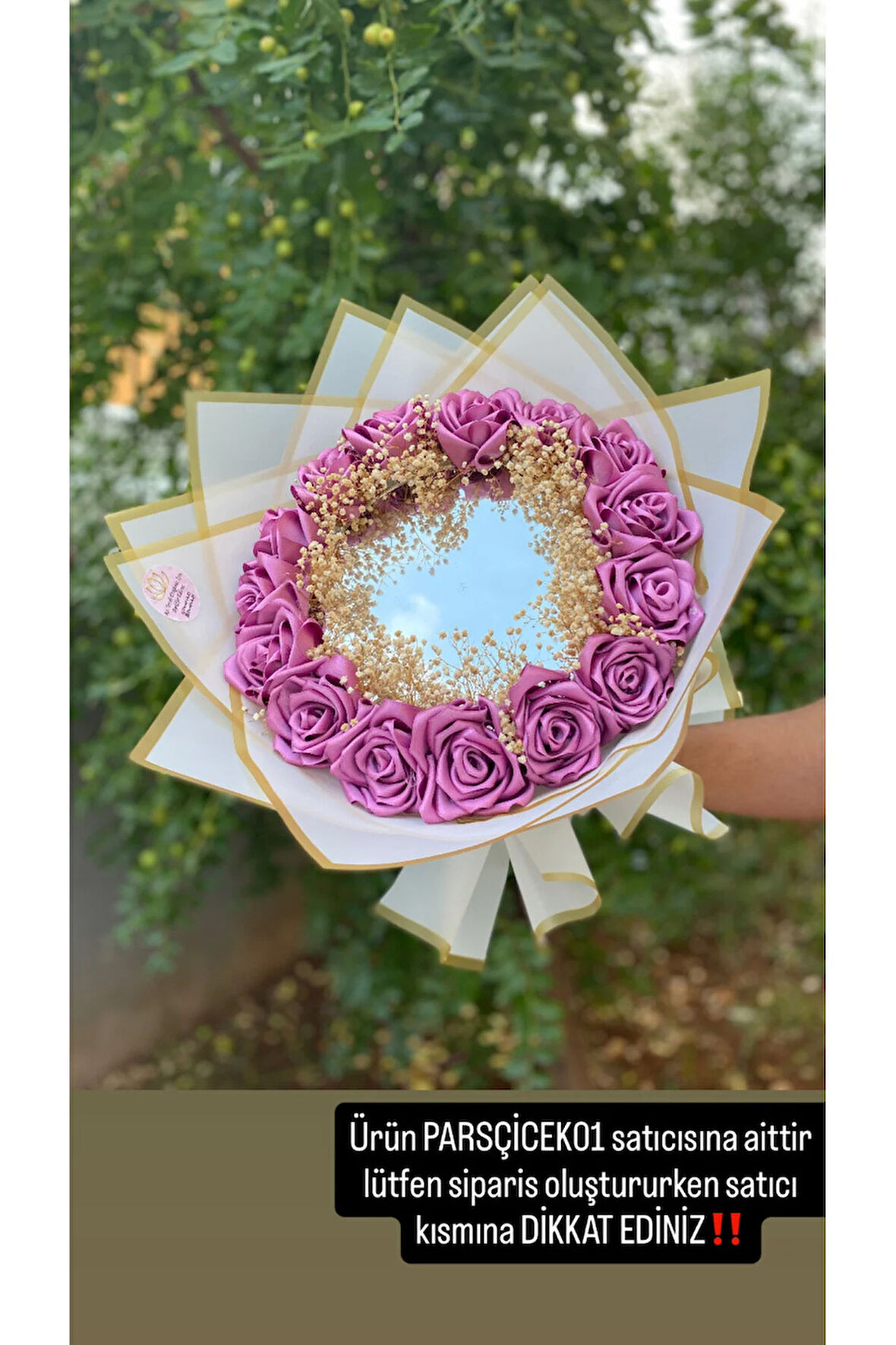 Aynalı Gül Buketi Aynali Buket Yapay Solmayan Gül Mor Gül Ve Cipso Detaylı