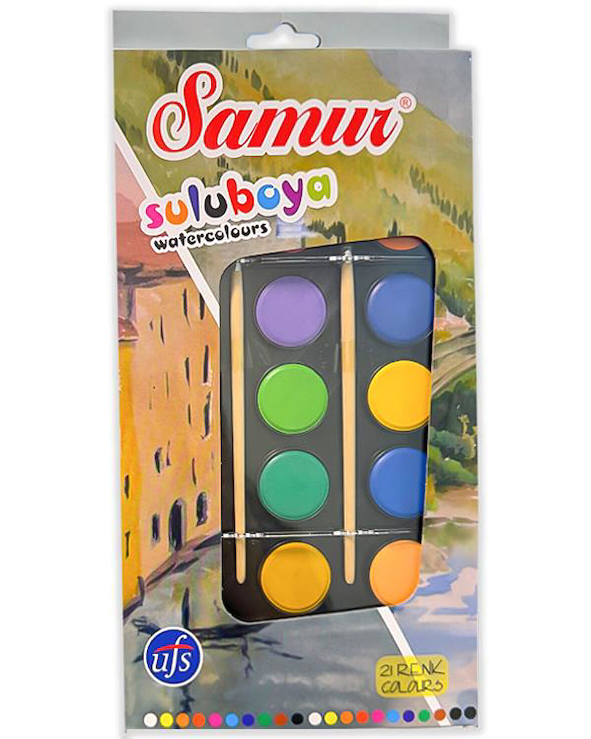Samur Büyük Boy Sulu Boya 21 Renk 2li Fırça 