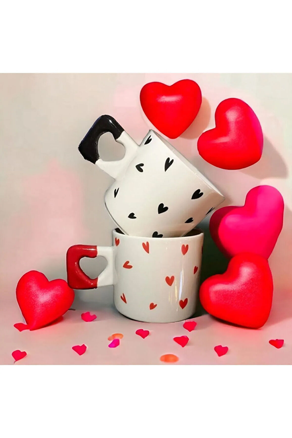 2'li Siyah & Kırmızı Minimalist Kalp Baskılı Kupa / Mug Set