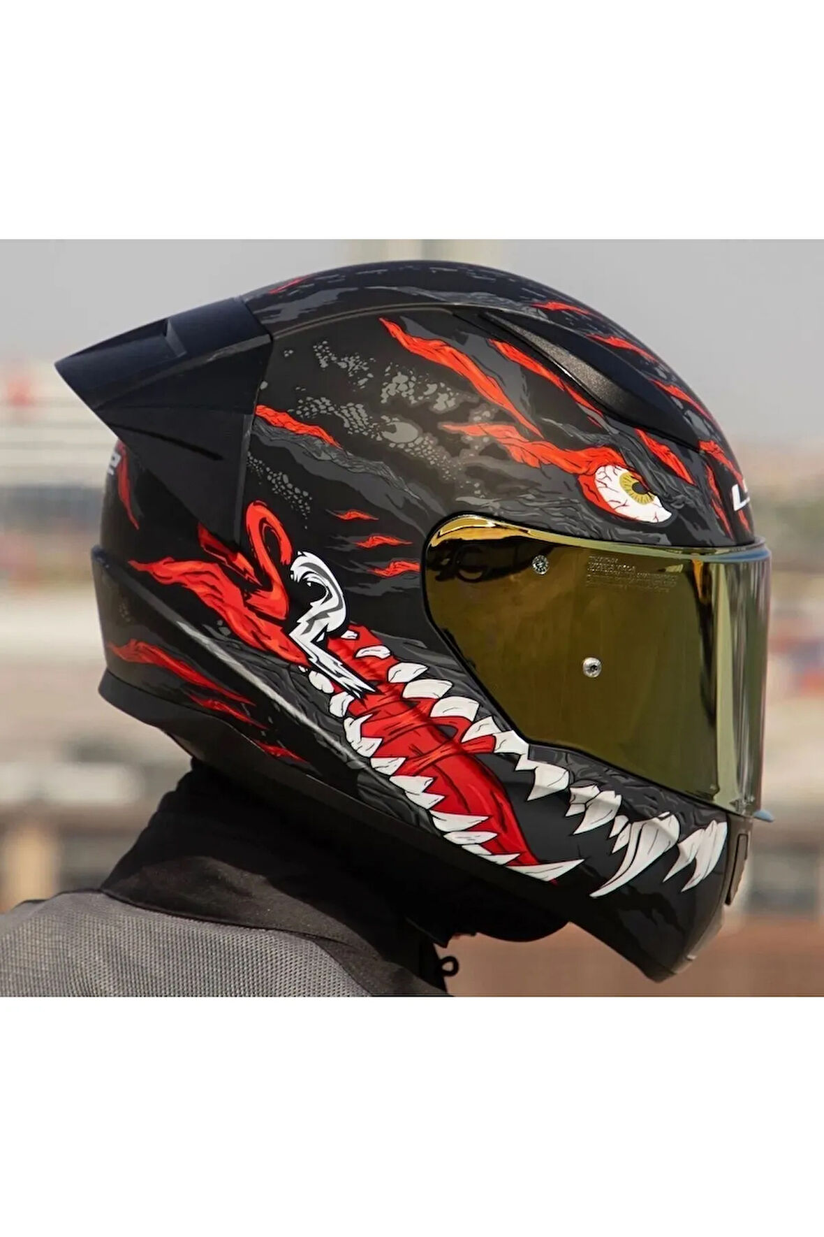 Rapıd 2 Race Kaıju Mat Siyah-Kırmızı Fullface Motosiklet Kaskı Gold Camlı