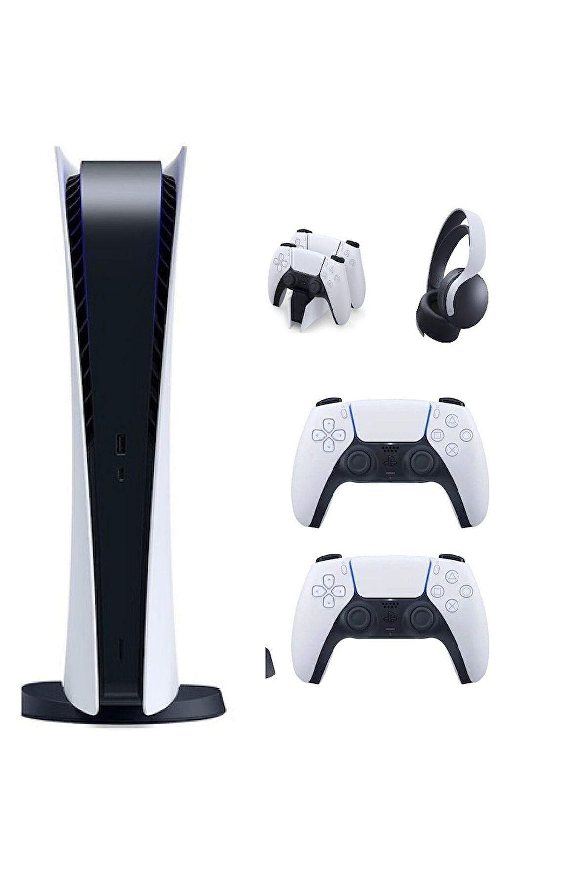 Playstation 5 Dijital (İthalatçı garantili) + 2. Kol + Ps5 Pulse 3D + Ps5 Şarj Istasyonu