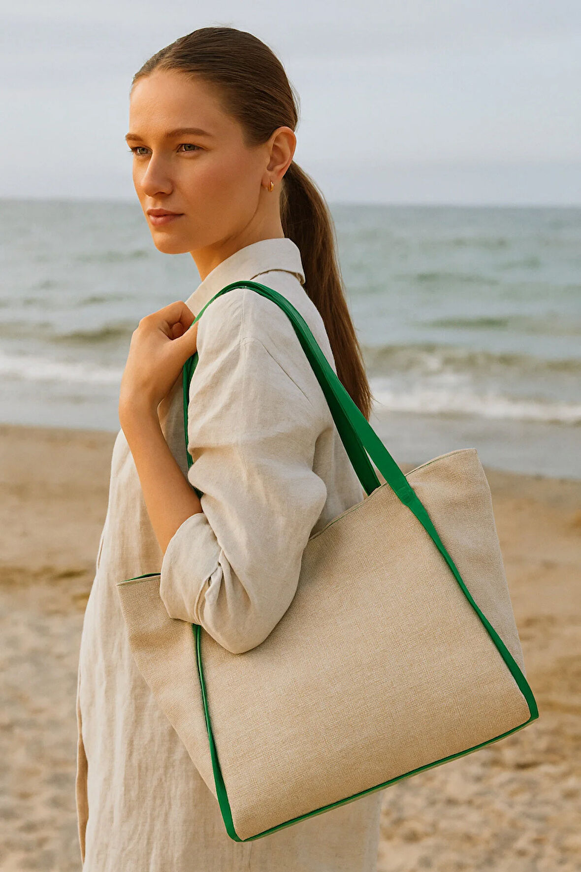 Kadın Omuz Çantası – Keten Kumaş Deri Detaylı Lüks Çanta