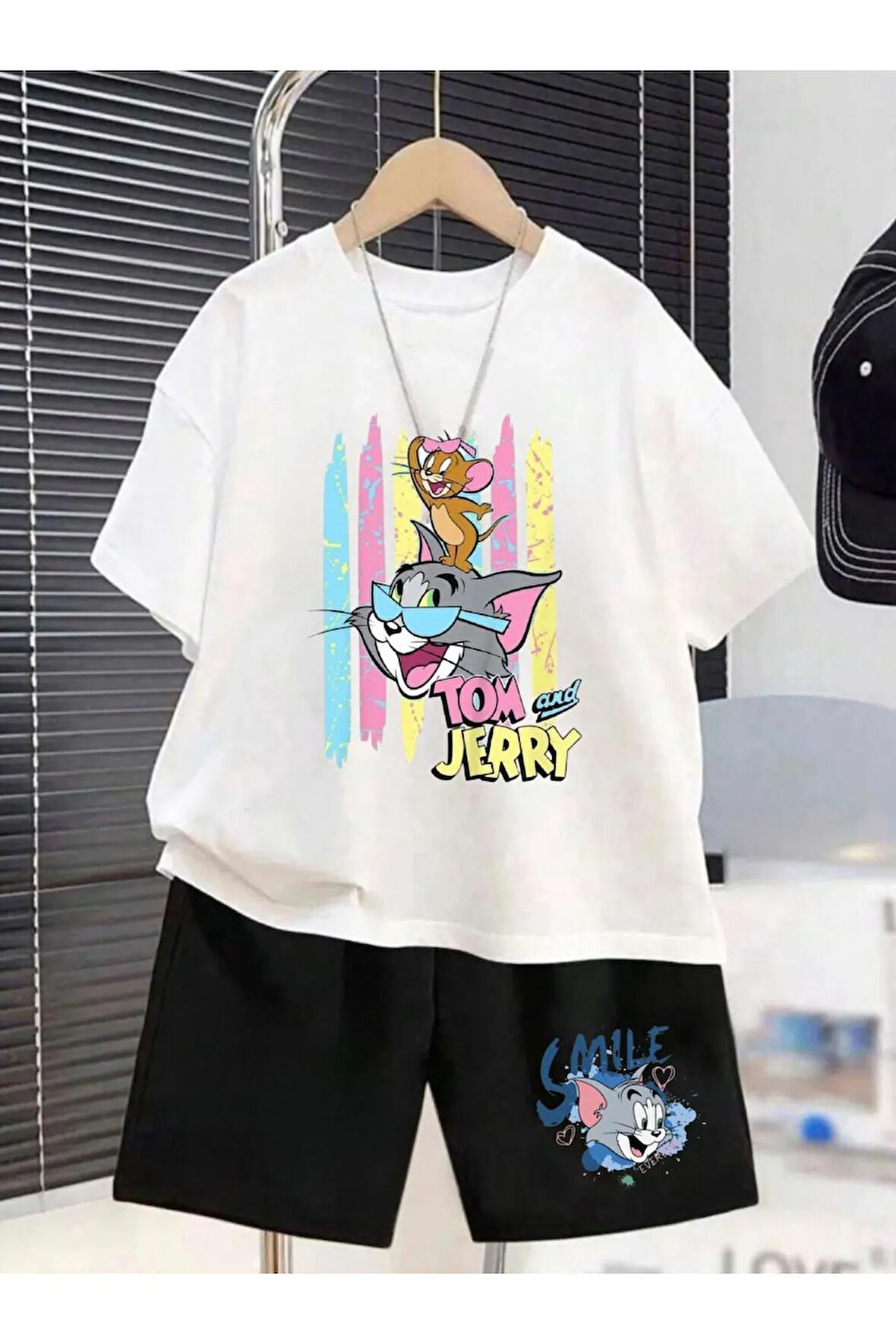 Çocuk Tasarım Tom And Jerry Renk Baskılı Kapüşonlu Alt-Üst Takım Pamuklu