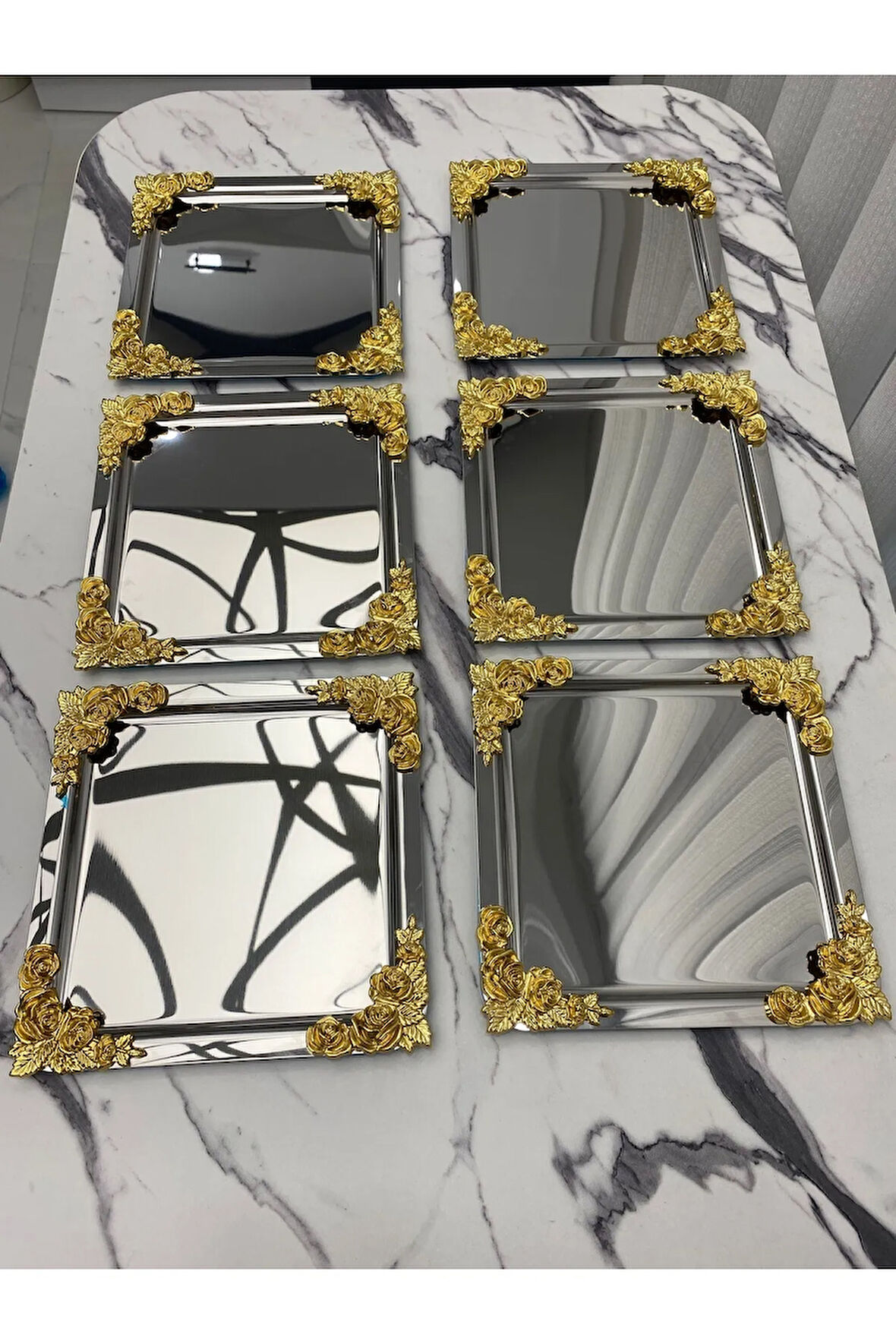 6'Lı Lüx 4 köşesi Çiçekli kare Gümüş Kaplama Model çay.kahve.ikram servis Sunum Tepsisi 21x21