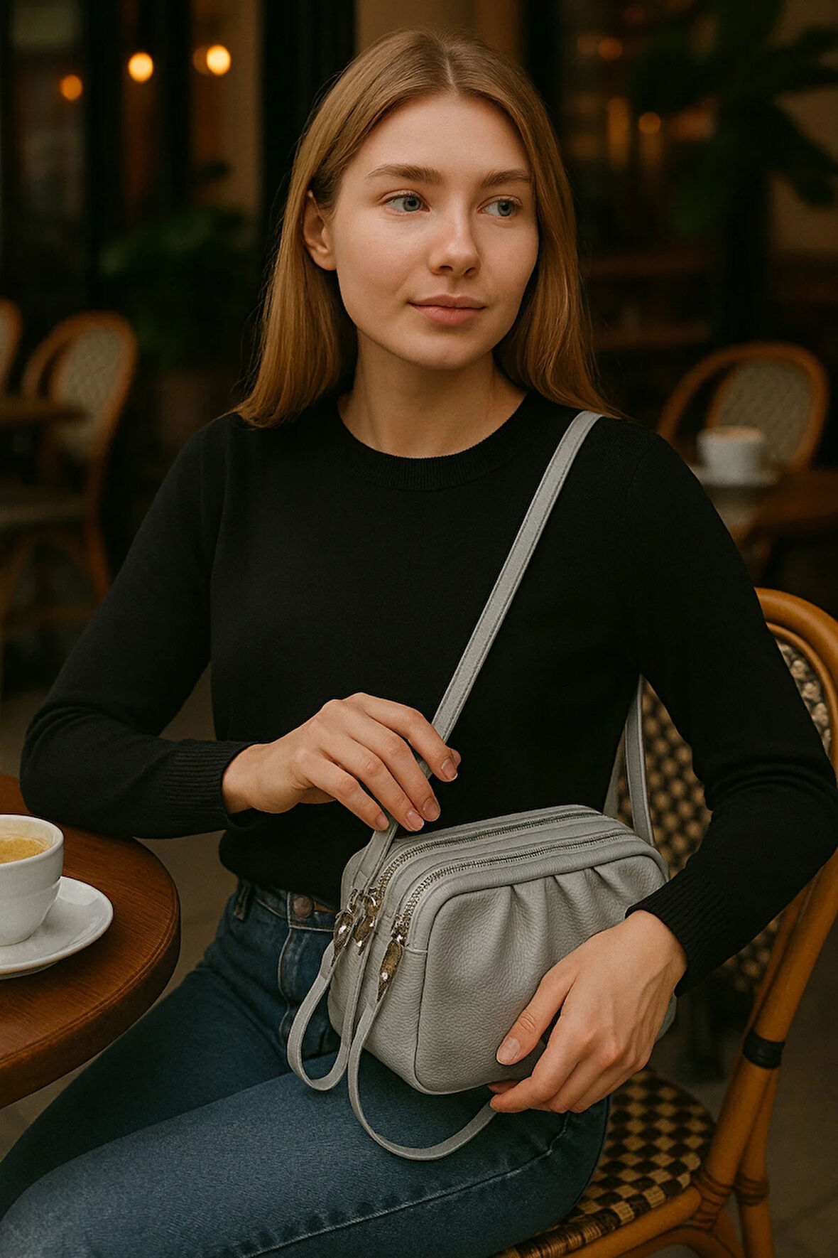 Kadın Çapraz Askılı Çok Gözlü Fermuar Detaylı Omuz Çantası