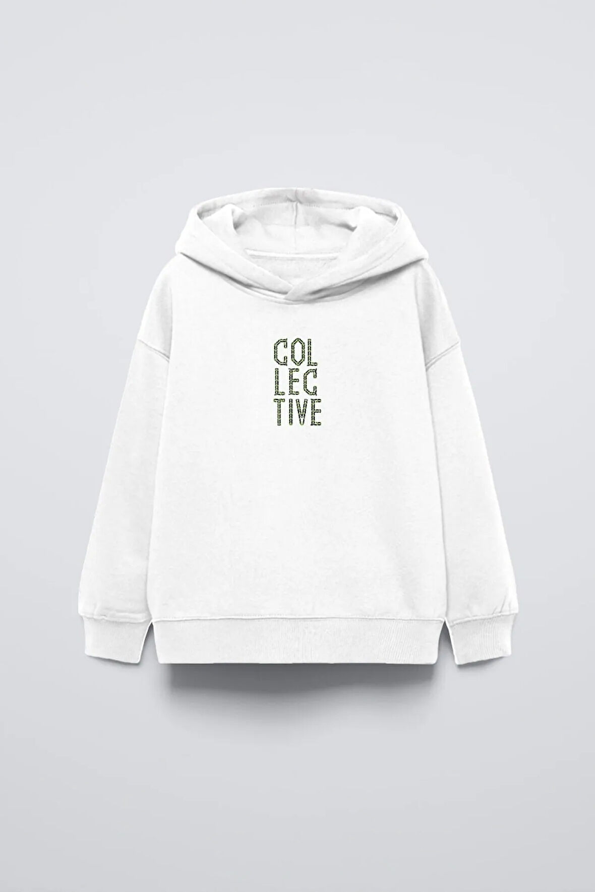 Beyaz Kapüşonlu Collective Yazılı Arka Fly Kn It Yazılı Oversize Çocuk Sweatshirt