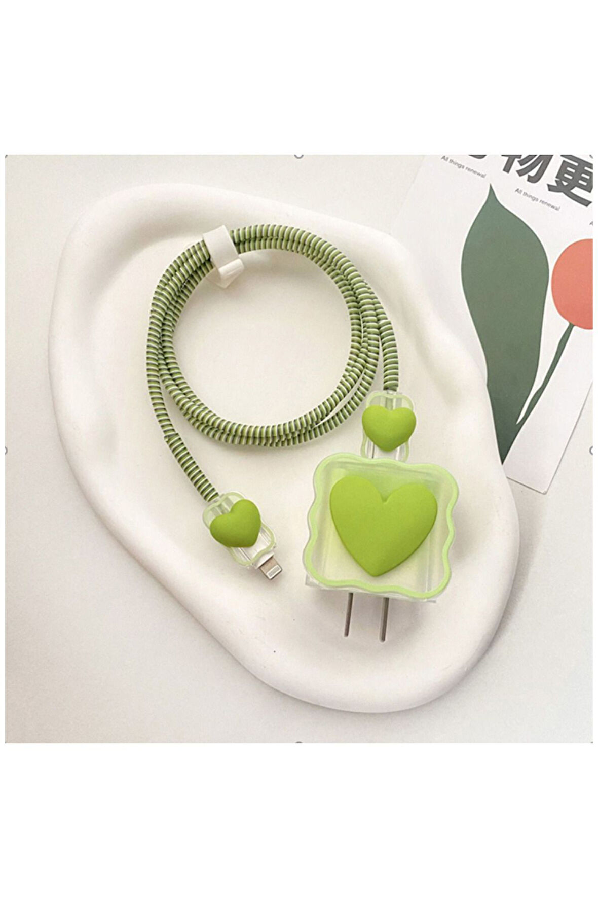 Yeni Trend Iphone 18w/20w Adaptör Uyumlu Şarj Başlığı Ve Kablo Koruyucu 4'lü Set Açık Yeşil