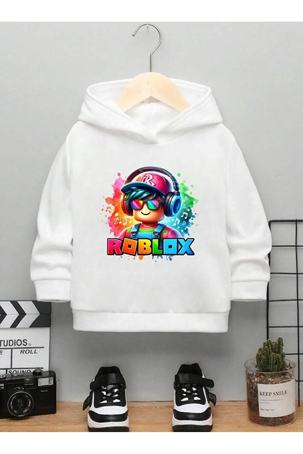 Çocuk Tasarım Roblox Baskılı Kapüşonlu Sweatshirt Pamuklu