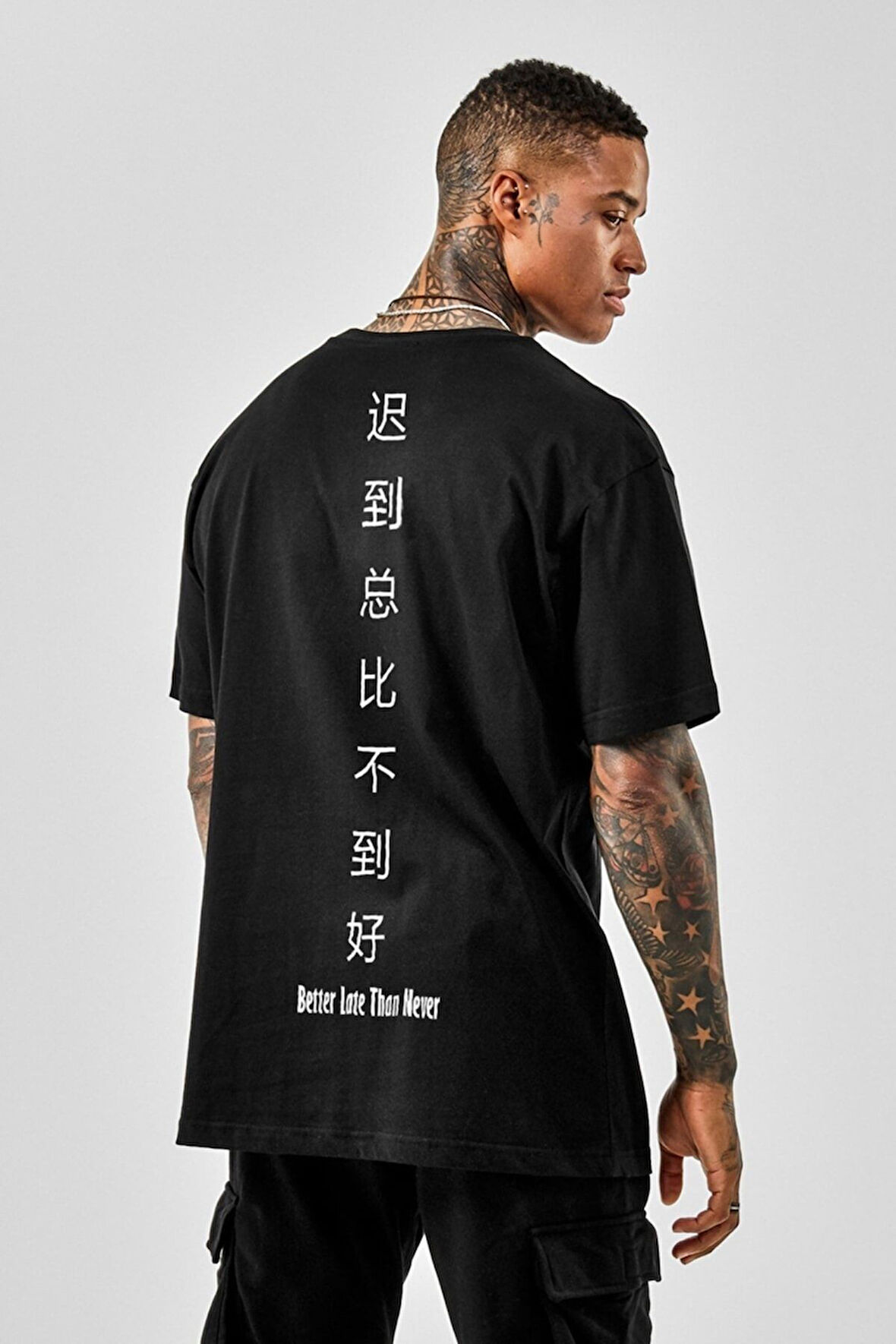 new moda Oversize Better Late Than Never Baskılı Siyah Tshirt OVRSZTSHRT08