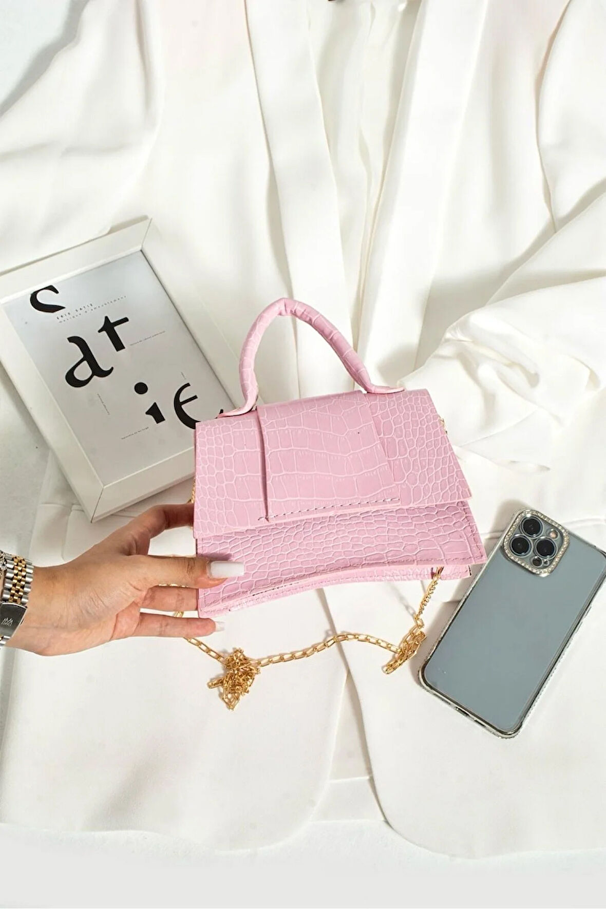 Kadın el ve omuz çantası zincir askılı kroko deri
