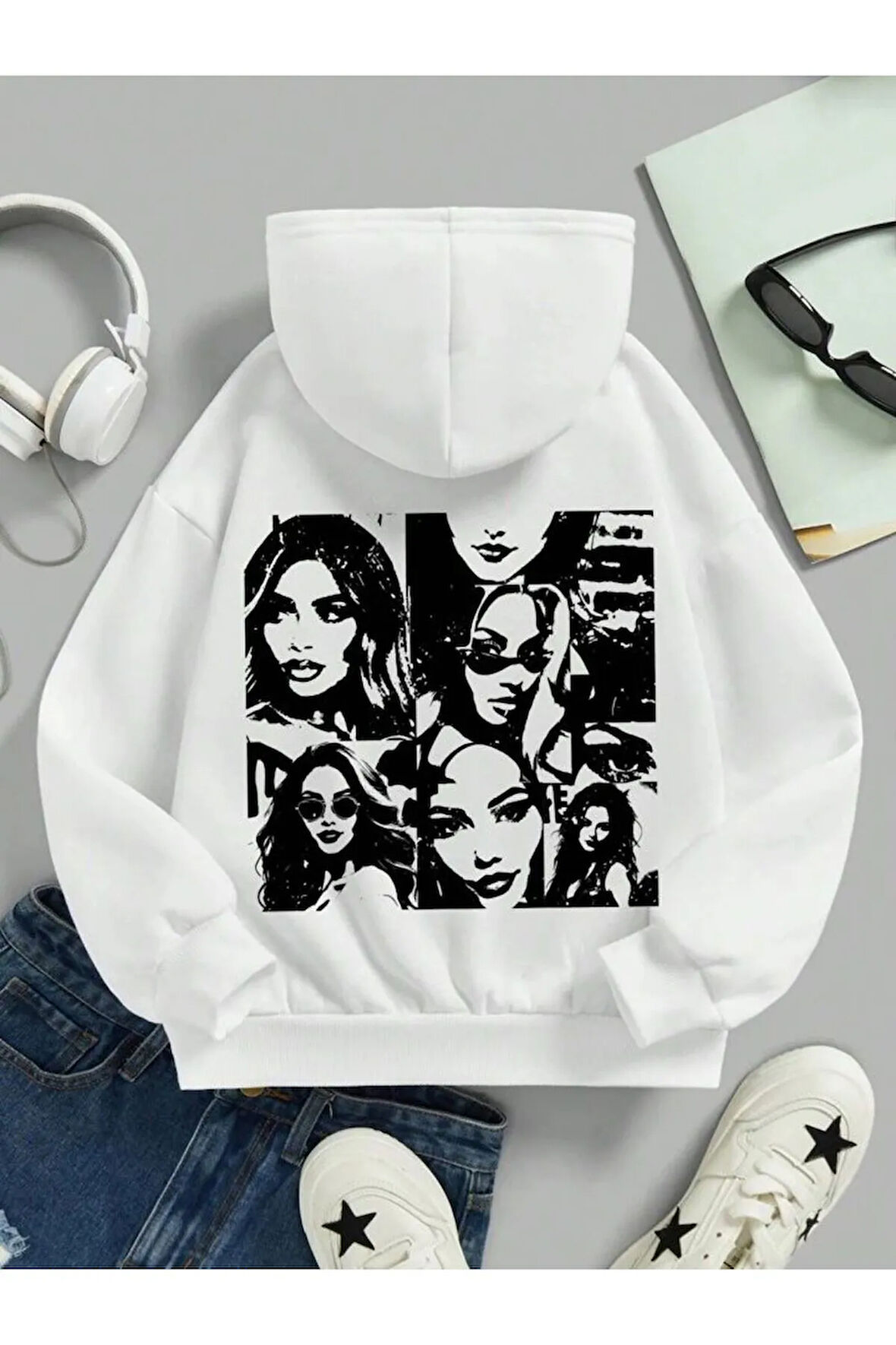 Kız\Erkek Çocuk Beyaz Kadın Resim Sırt Baskılı Kapşonlu Sweatshirt