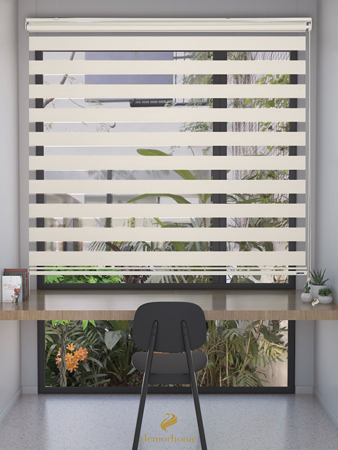 Demor Home Açık Krem Rengi Yüksek Kalite Bambu Zebra, Mekanize Perde