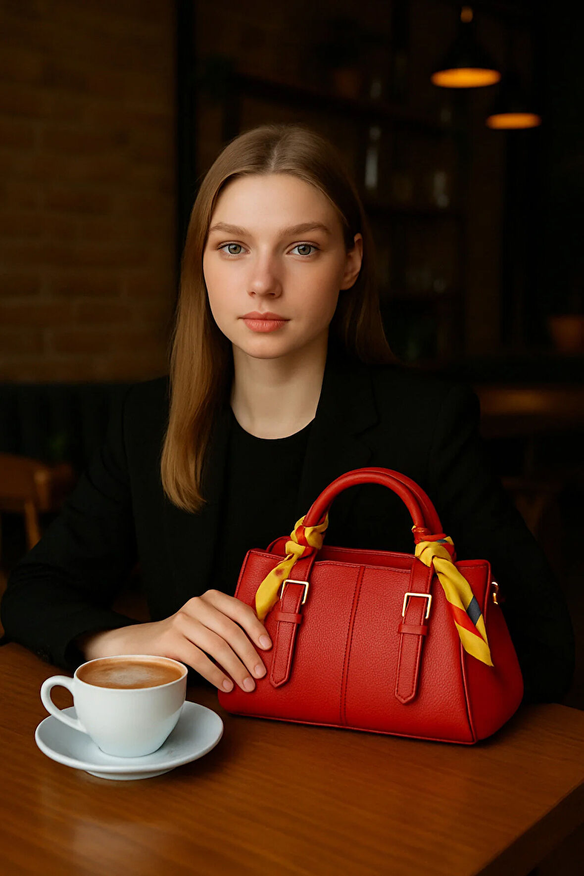 Kadın Şık Deri Görünümlü Fular Detaylı Omuz ve El Çantası